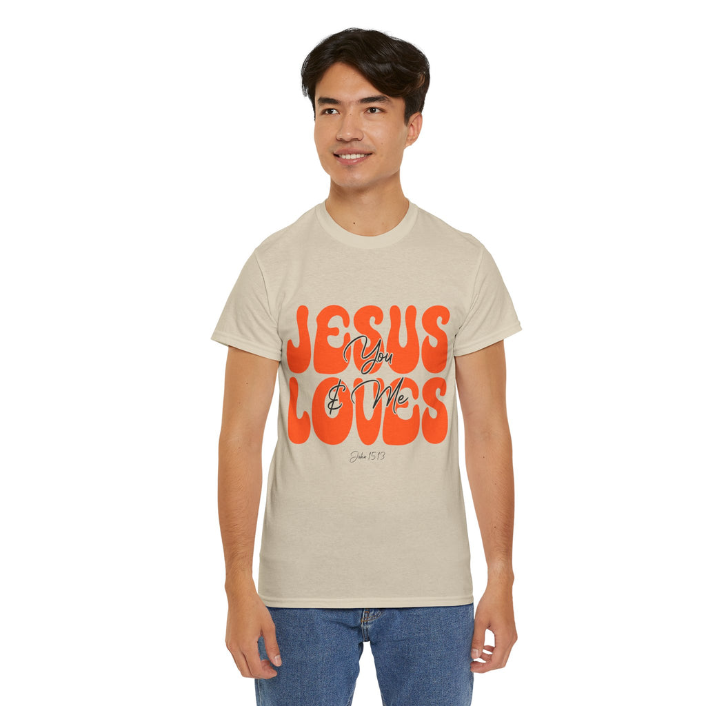 Jesus Loves You & Me Retro Tee — Playful Orange Bubbly Christian Unisex Cotton T-Shirt