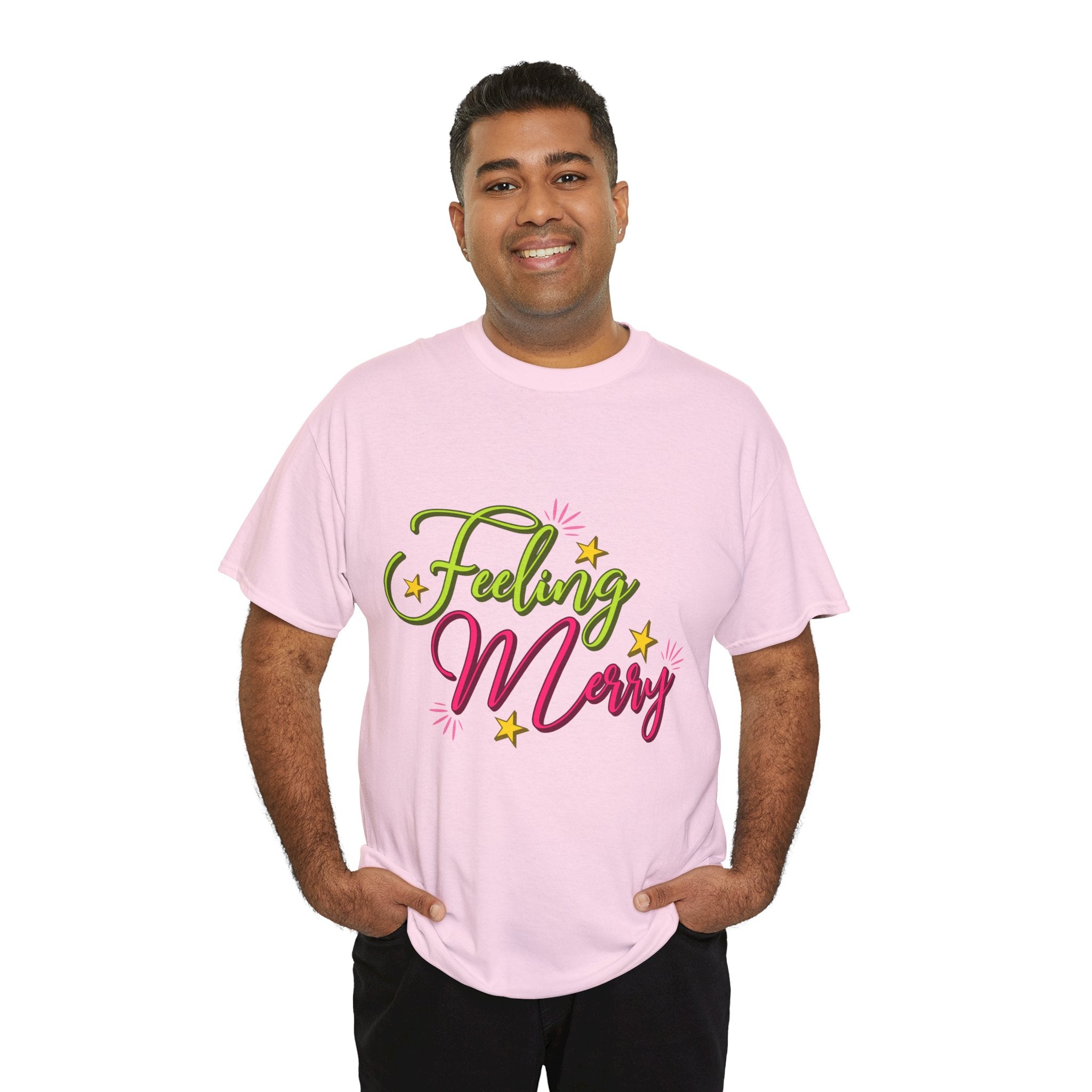 Feeling Merry T-Shirt — Bright Green & Pink Holiday Tee with Stars.Unisex Cotton Tee