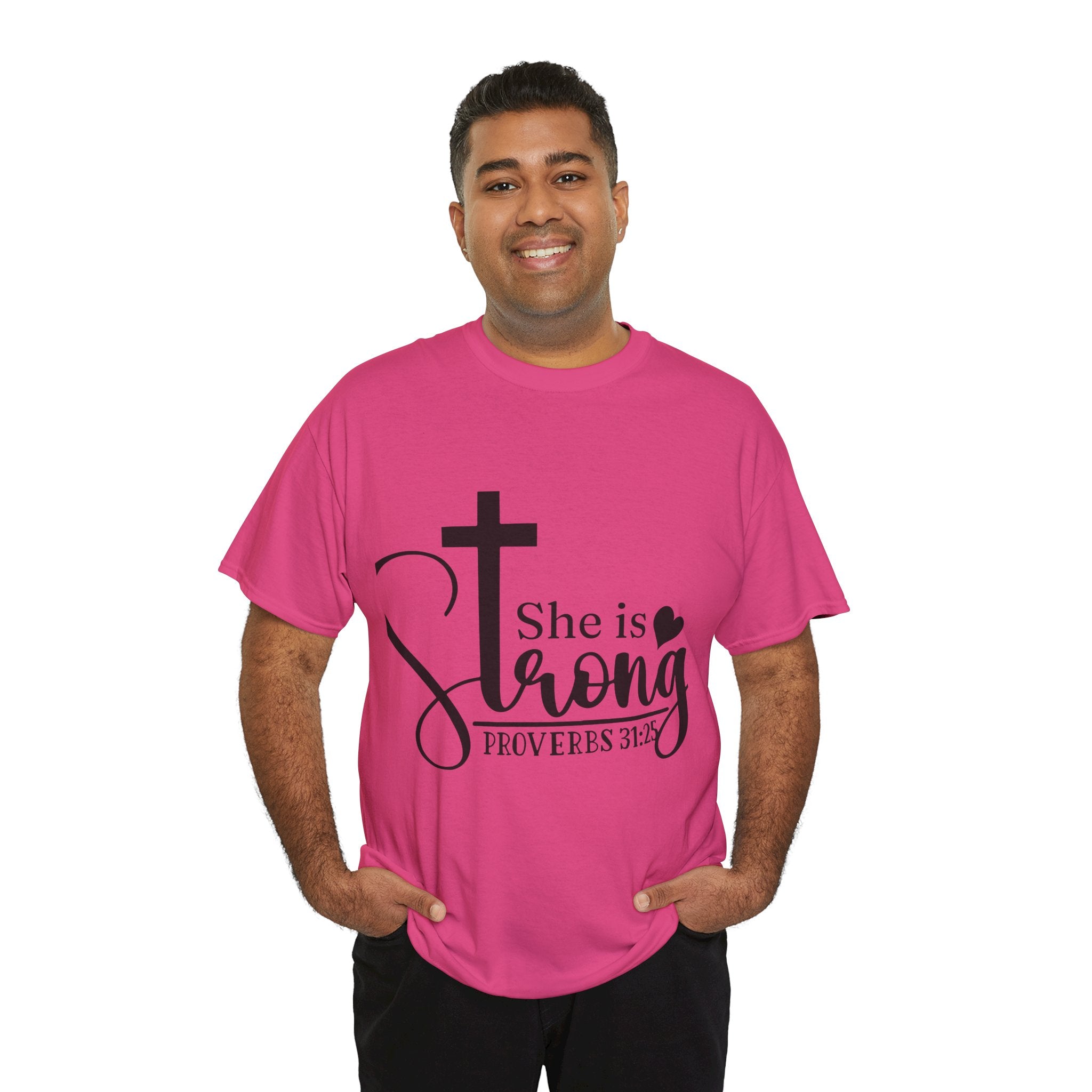 Proverbs 31:25 'She is Strong' T-Shirt – Christian Cross & Heart Unisex Cotton Tee