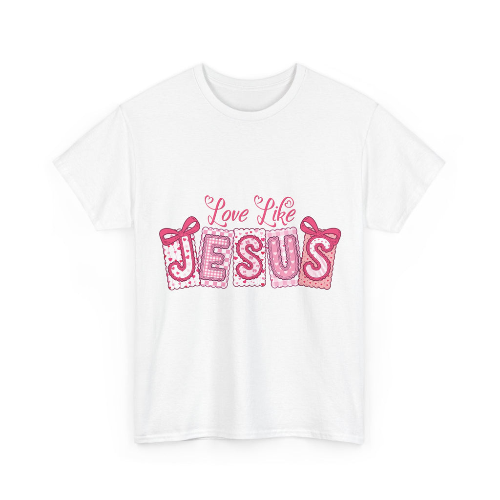 Love Like Jesus Patchwork Tee — Pink Stitched Heart Graphic.Unisex Cotton Tee
