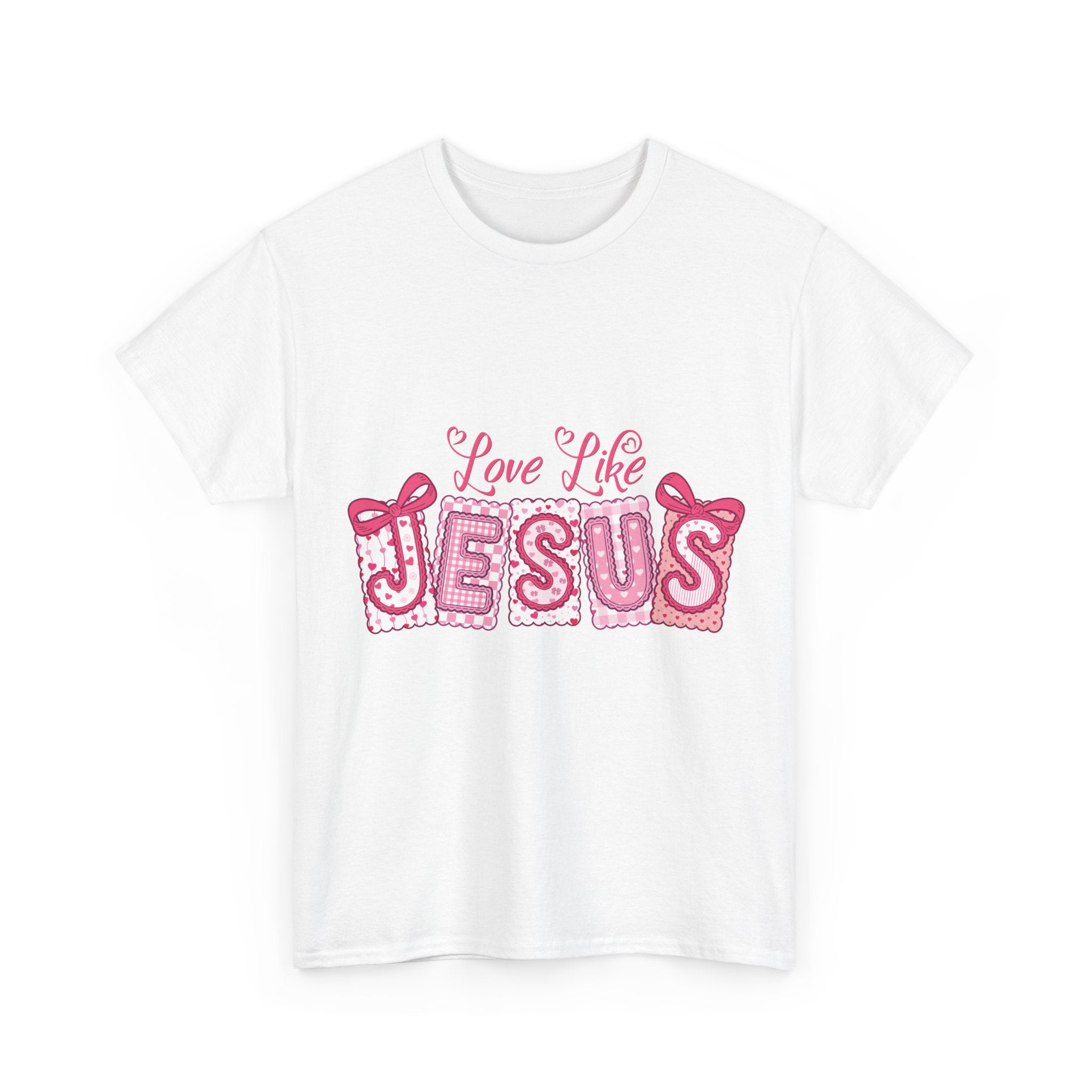 Love Like Jesus Patchwork Tee — Pink Stitched Heart Graphic.Unisex Cotton Tee