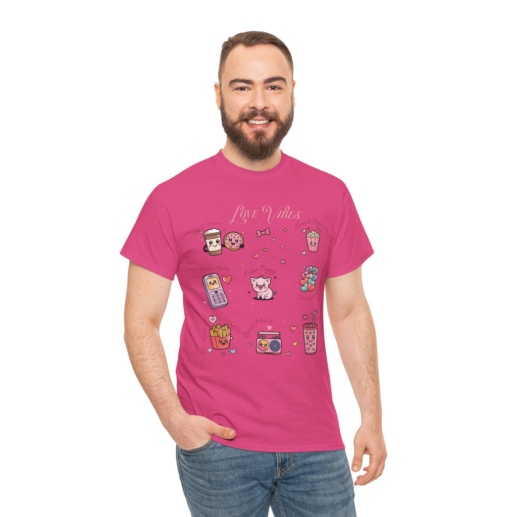 Love Vibes Kawaii Valentine T-Shirt — Cute Donut, Coffee & Piglet Design Unisex Cotton Tee