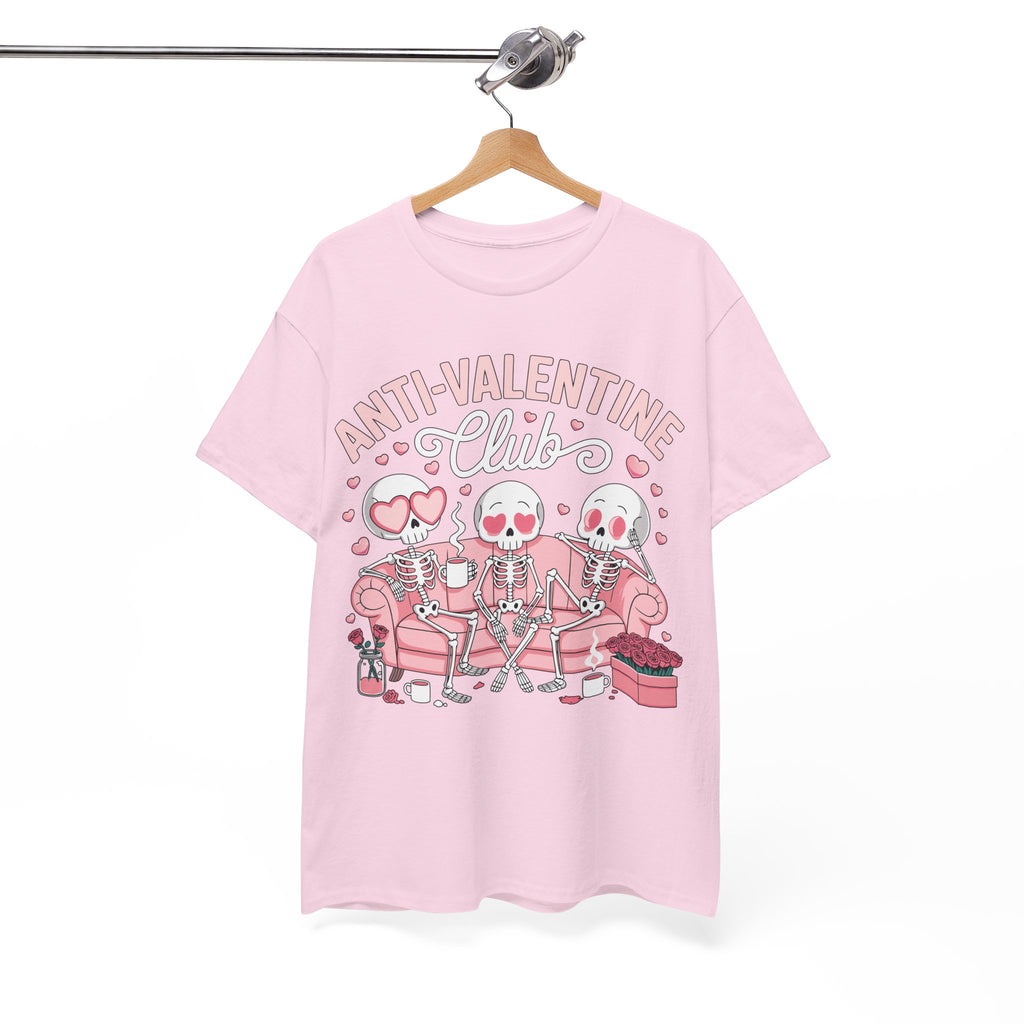 Anti-Valentine Club Skeleton Tee — Anti-Romance Pink Couch Graphic Unisex Cotton T-Shirt