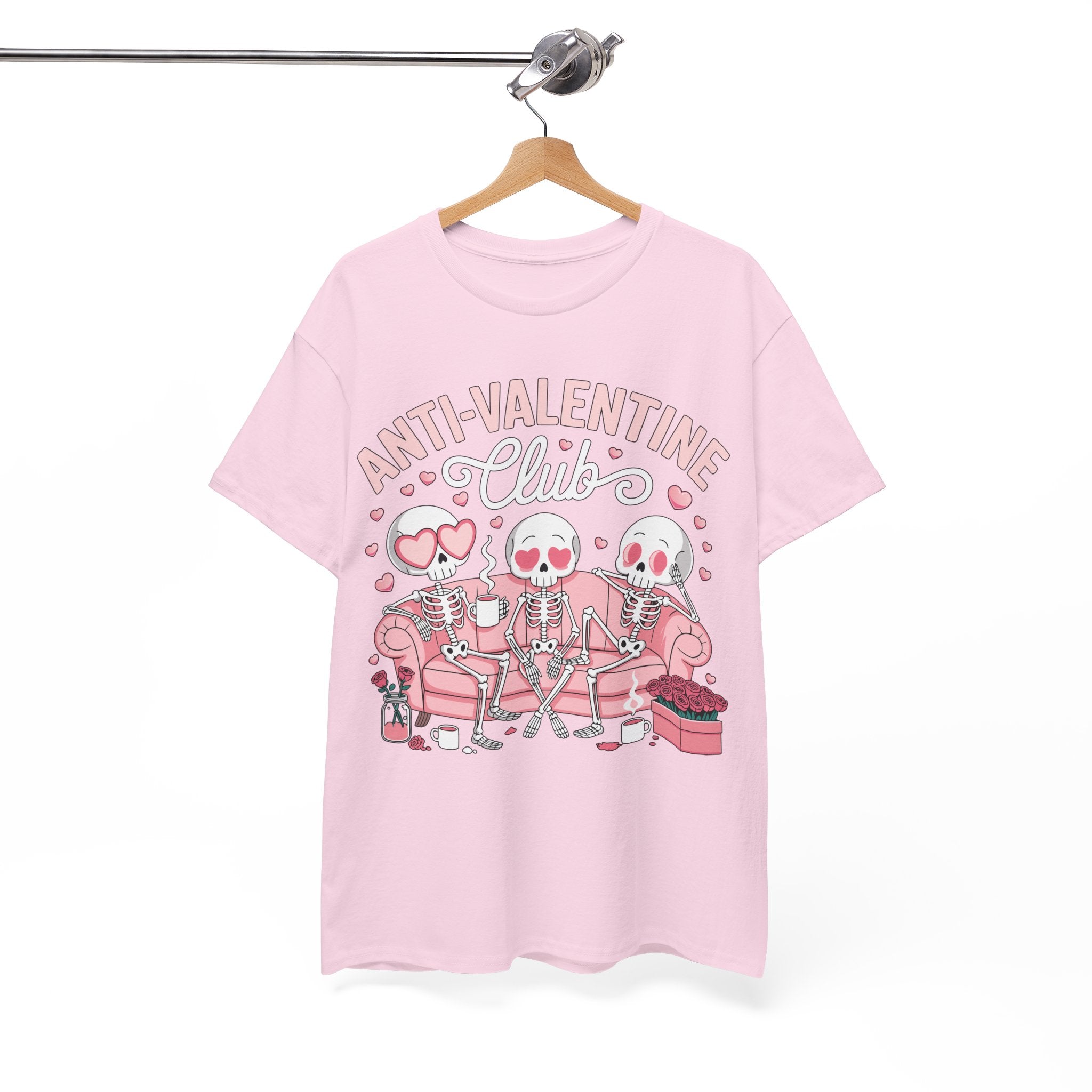 Anti-Valentine Club Skeleton Tee — Anti-Romance Pink Couch Graphic Unisex Cotton T-Shirt