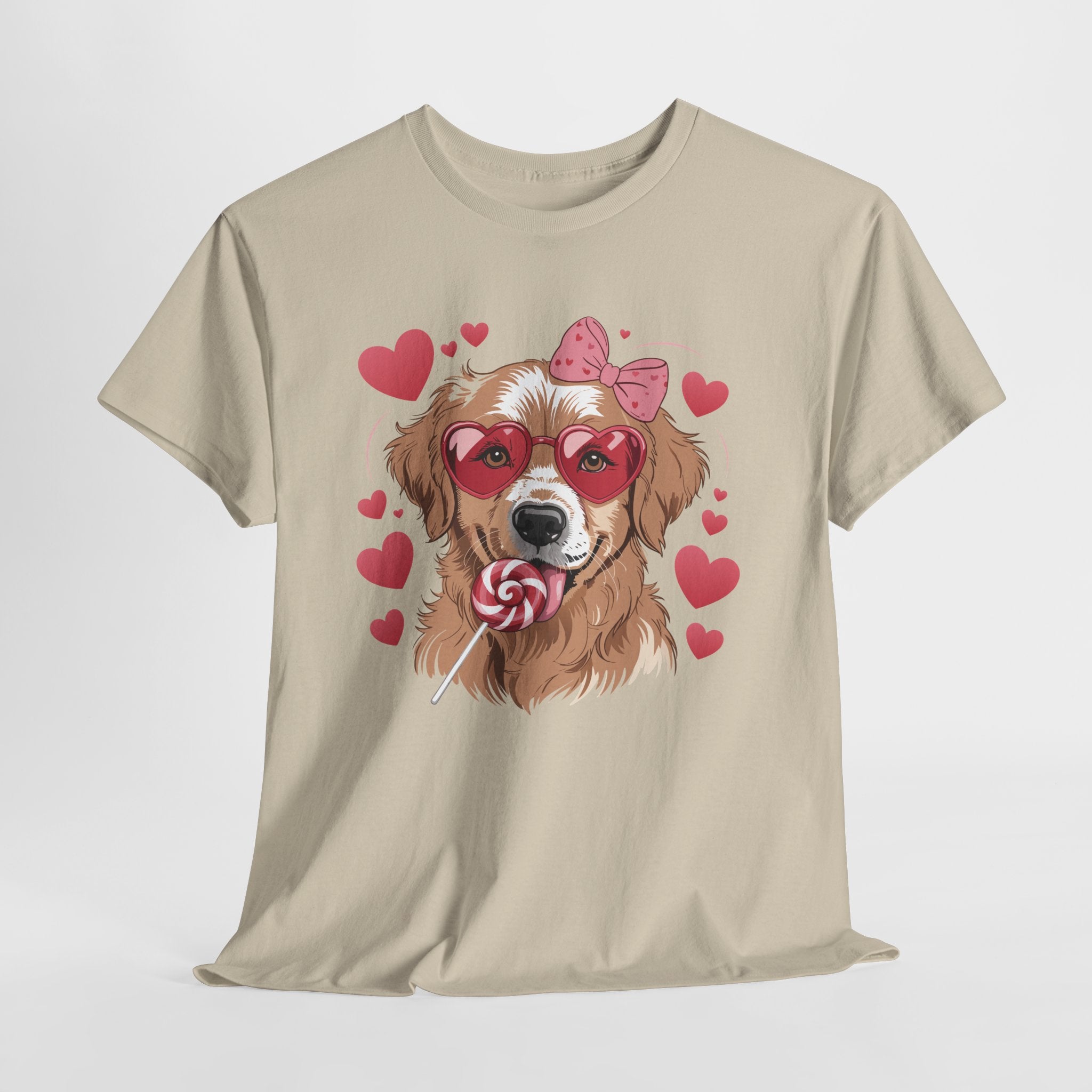 Valentine Dog T-Shirt — Cute Pup with Heart Glasses, Pink Bow & Lollipop..Unisex Cotton Tee