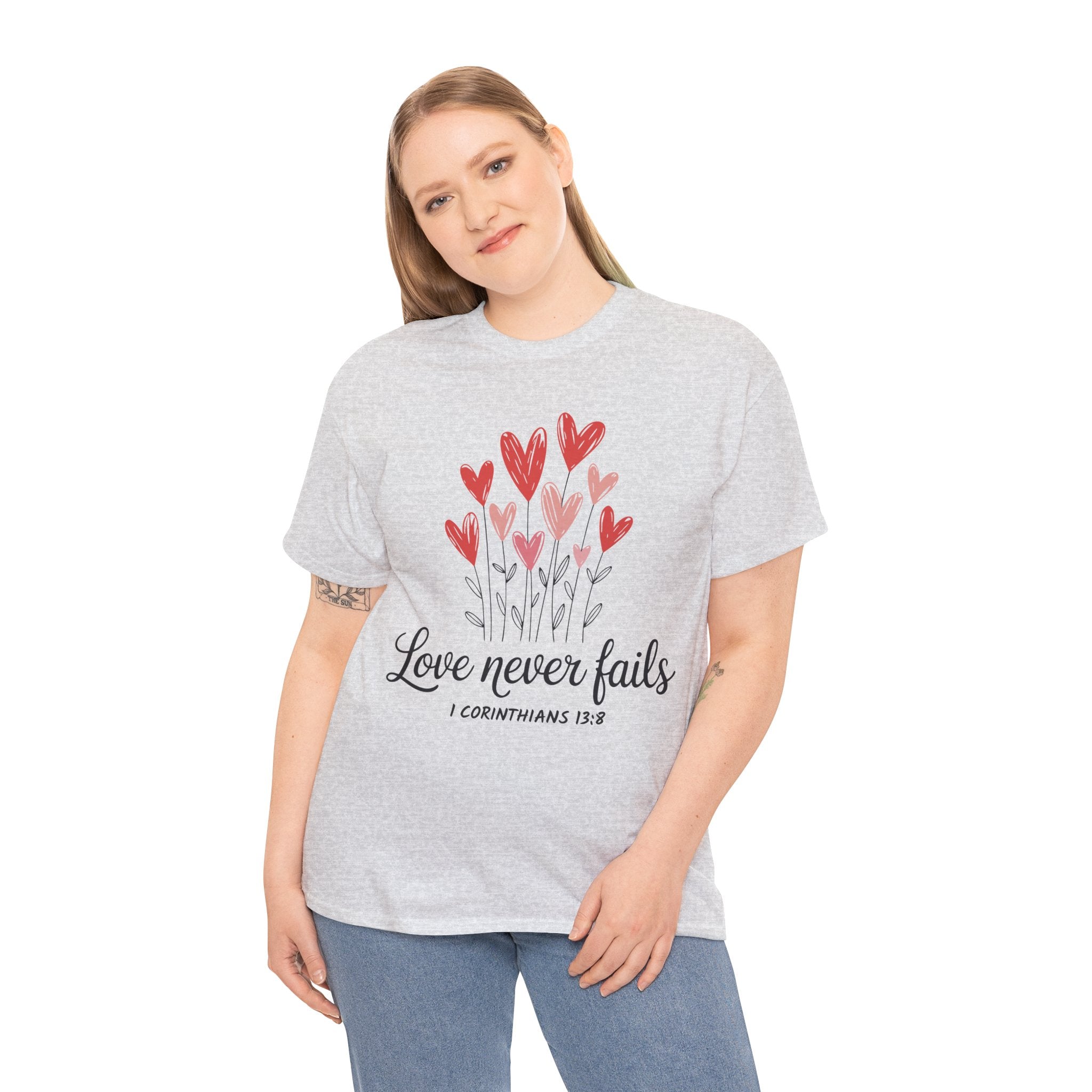 Christian Valentine T-Shirt — "Love Never Fails" (1 Corinthians 13:8) Unisex Cotton Tee