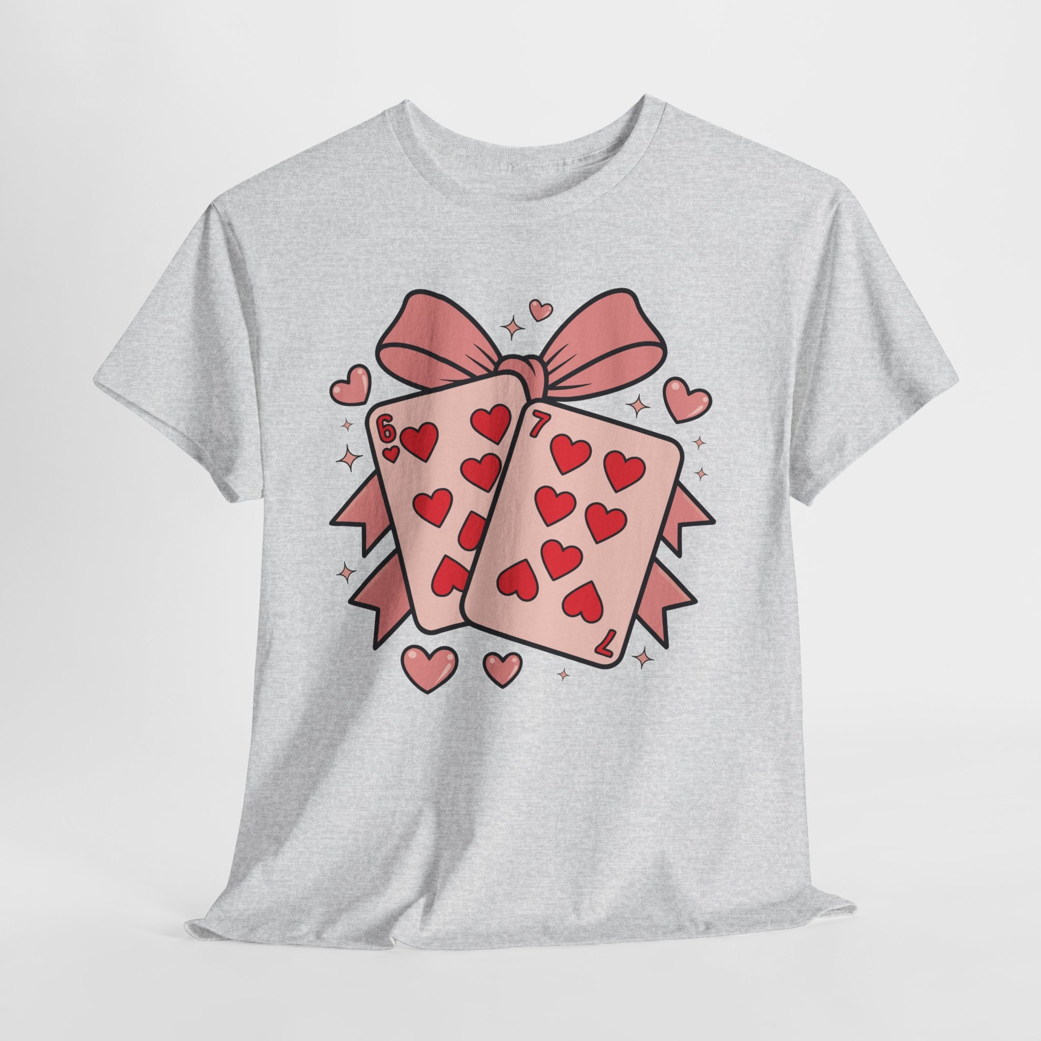 6 & 7 of Hearts T-Shirt — Paired Playing Cards with Pink Bow Unisex Cotton Tee