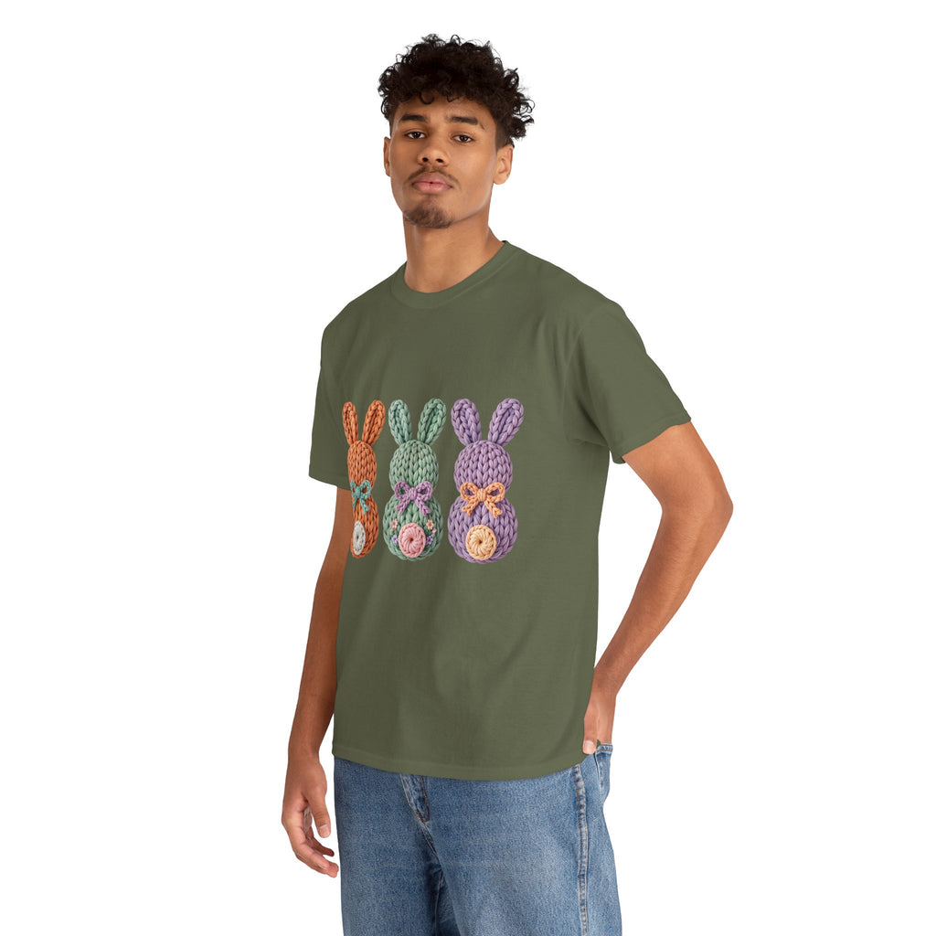 Pastel Crochet Bunny Tee — Trio of Faux Knit Bunnies with Bows & Flowers Unisex Cotton Tee