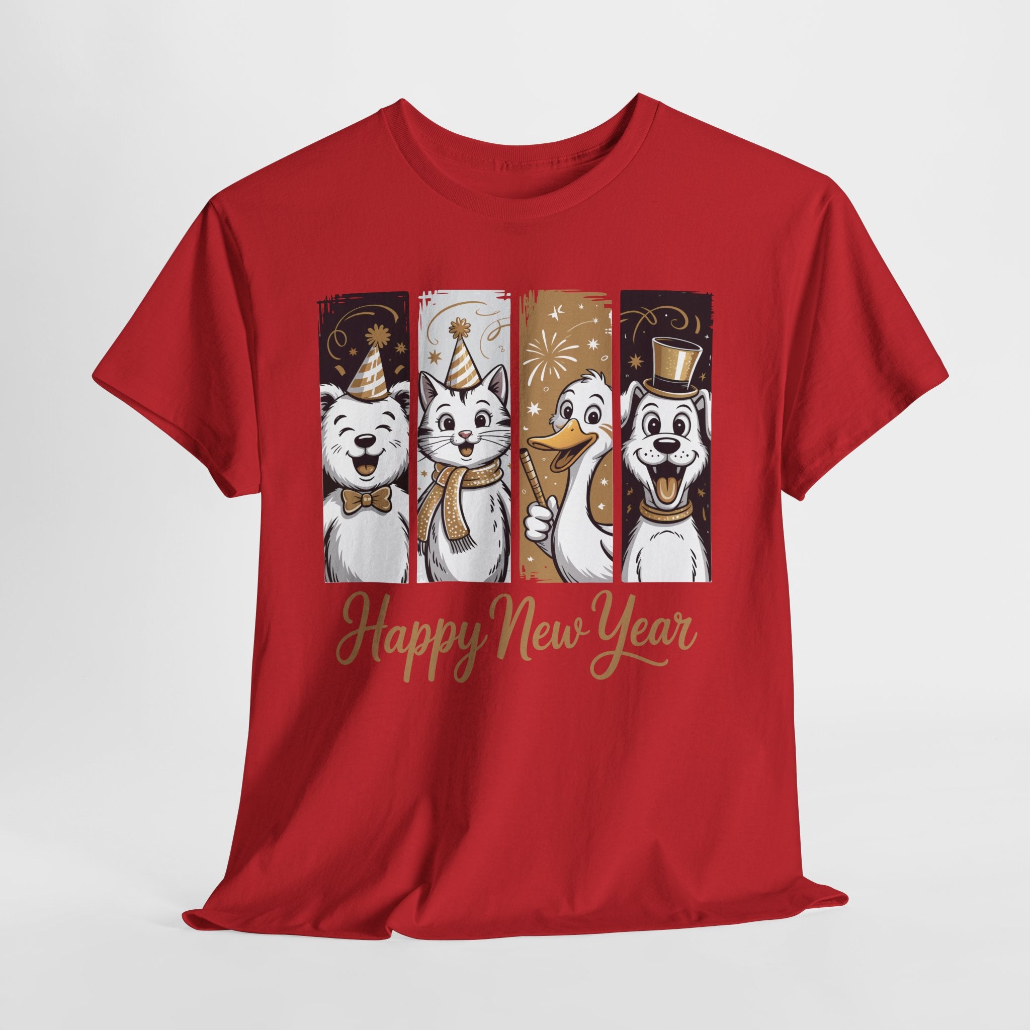 Happy New Year Party Animals T-Shirt — Cute Smiling Animals in Party Hats & Gold Fireworks..Unisex Cotton Tee