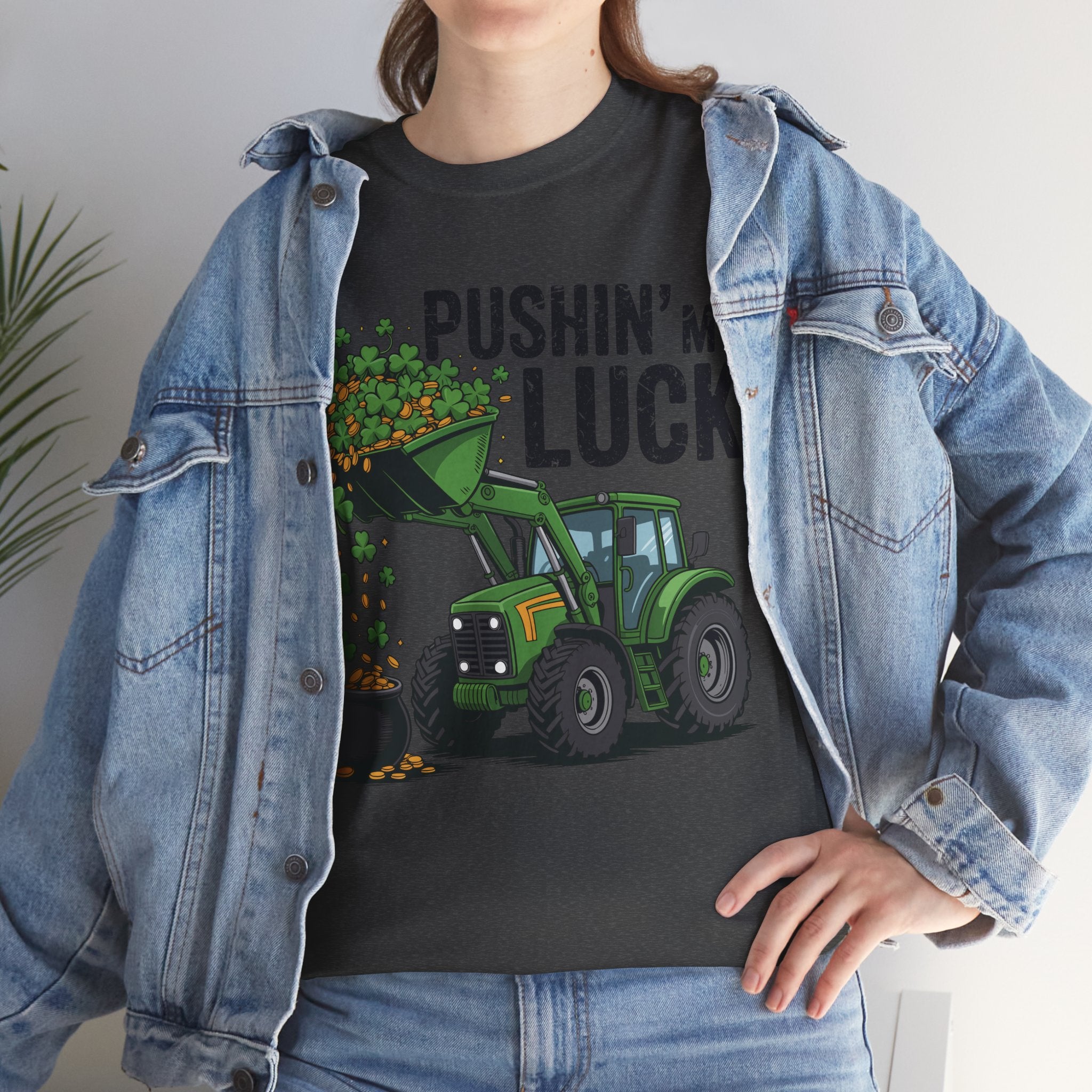 Pushin' My Luck Shamrock Tractor Tee — St. Patrick's Day Unisex Cotton T-Shirt