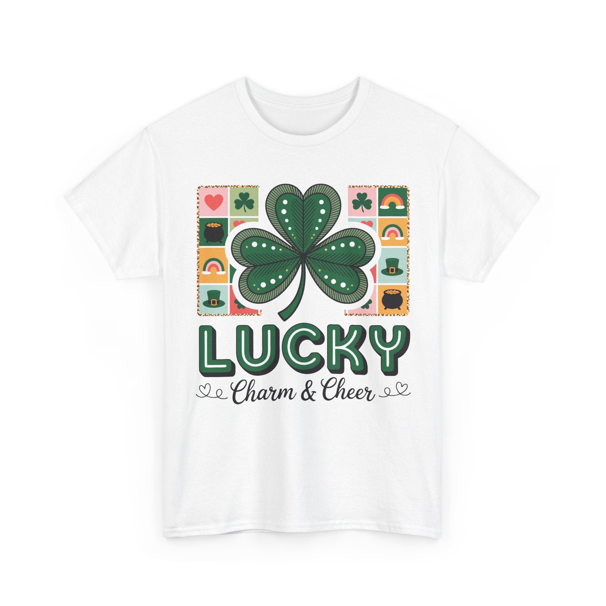 Lucky Charm & Cheer Clover Tee — Patchwork St. Patrick’s Day Unisex Cotton T-Shirt