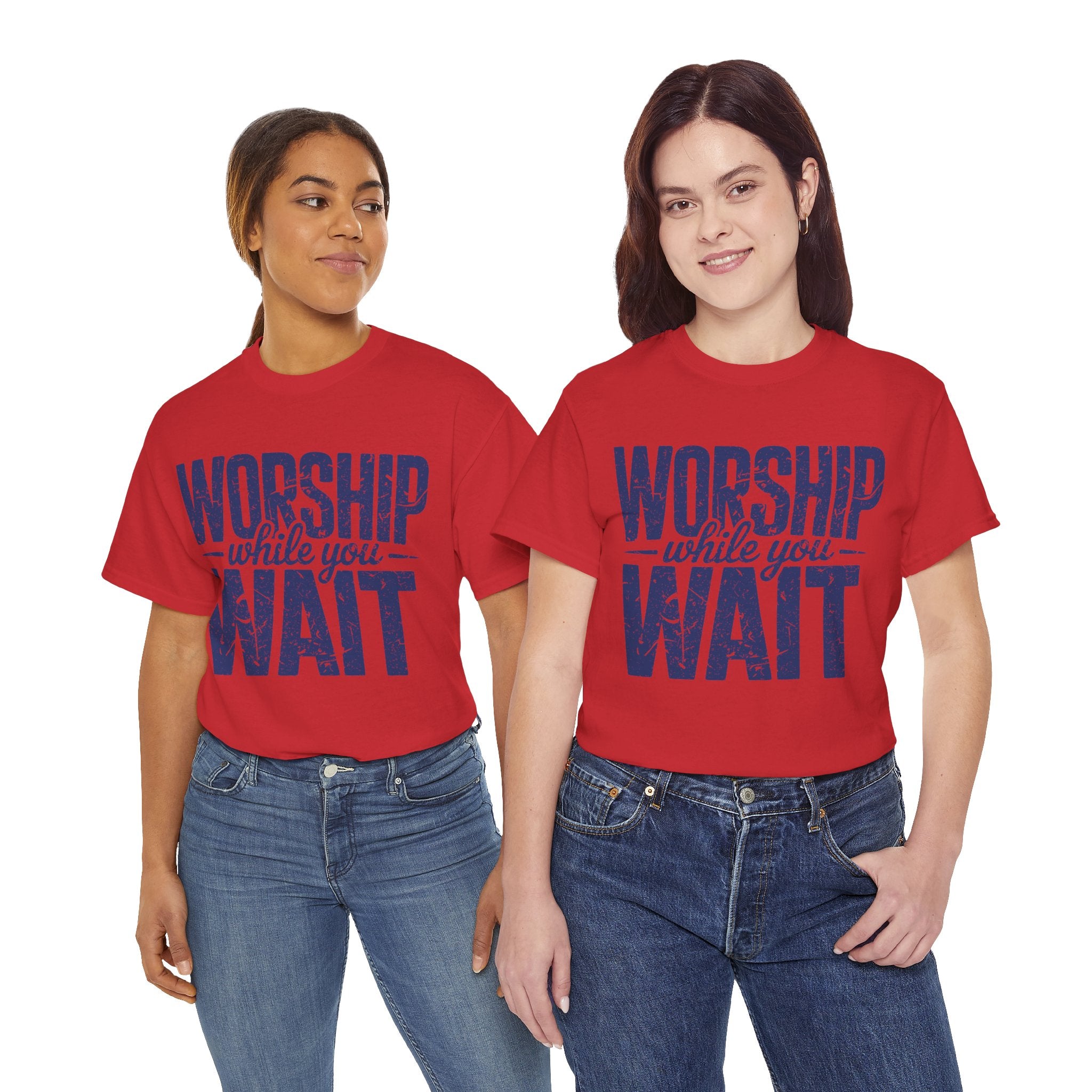 Worship While You Wait T‑Shirt — Distressed Pastel Blue Faith Unisex Cotton Tee