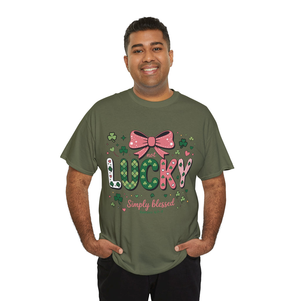 Simply Blessed Tee — “Not Lucky, Simply Blessed” with Pastel Bow, Clovers & Romans 4:7-8 Unisex Cotton Tee