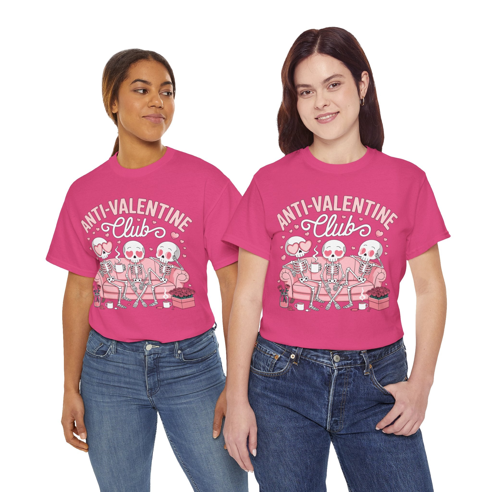 Anti-Valentine Club Skeleton Tee — Anti-Romance Pink Couch Graphic Unisex Cotton T-Shirt
