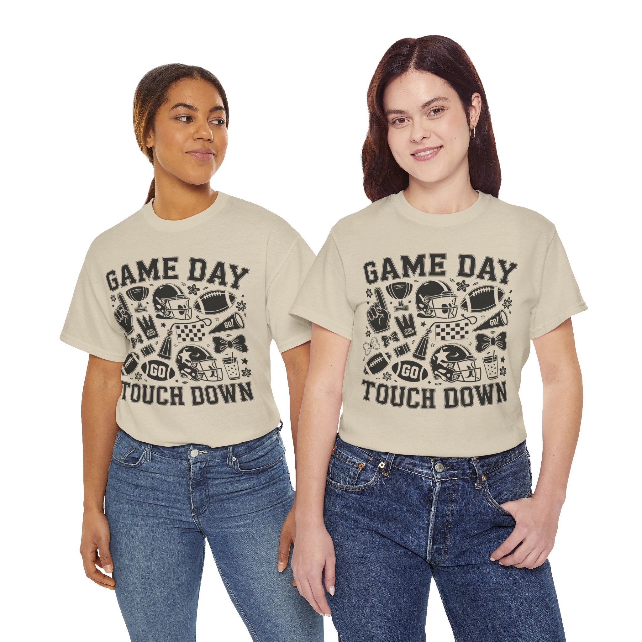 Game Day Touch Down Football T‑Shirt — Helmet & Cheer Monochrome Design Unisex Cotton Tee