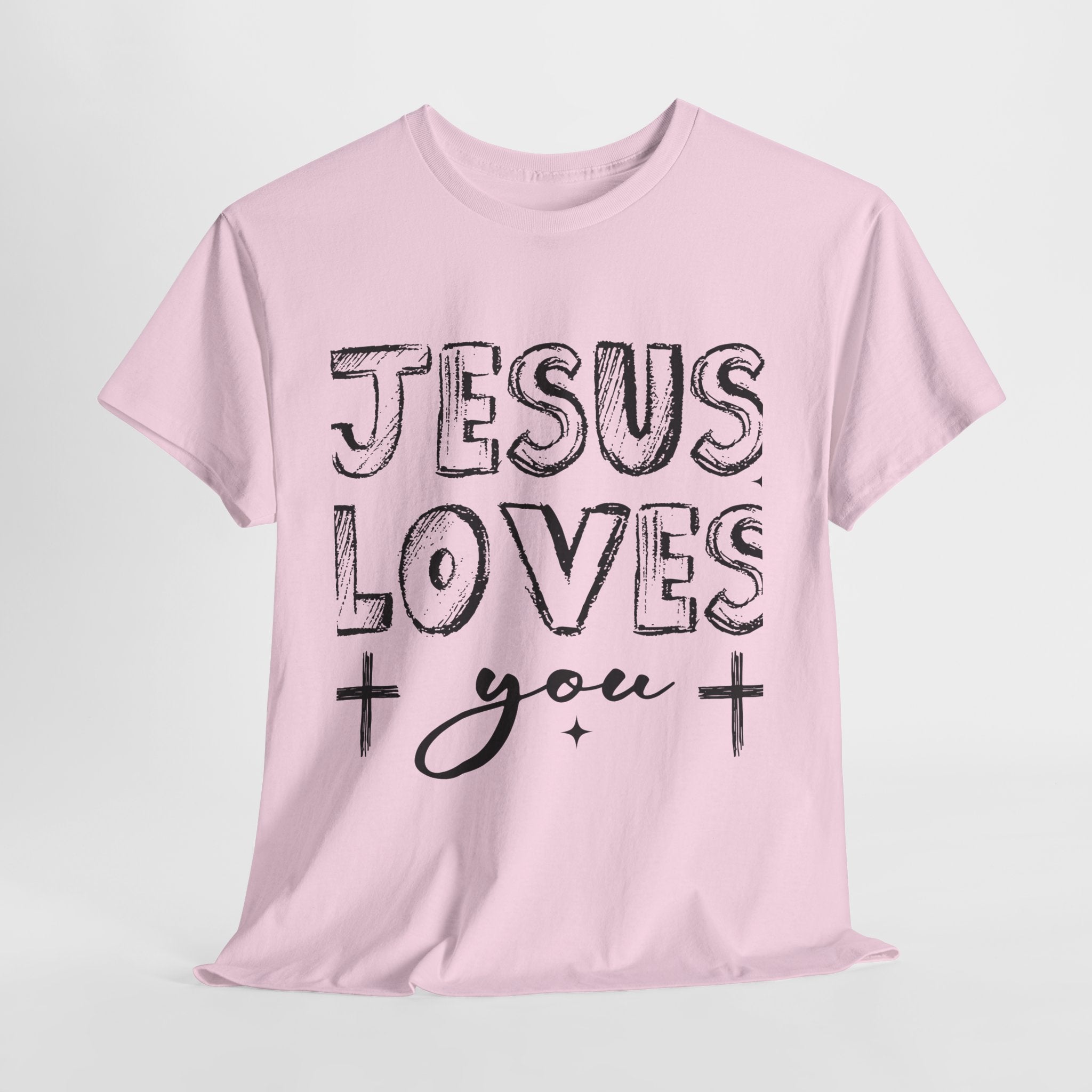 Jesus Loves You Chalk-Style Tee — Crosses & Stars Christian UNisex Cotton T-Shirt