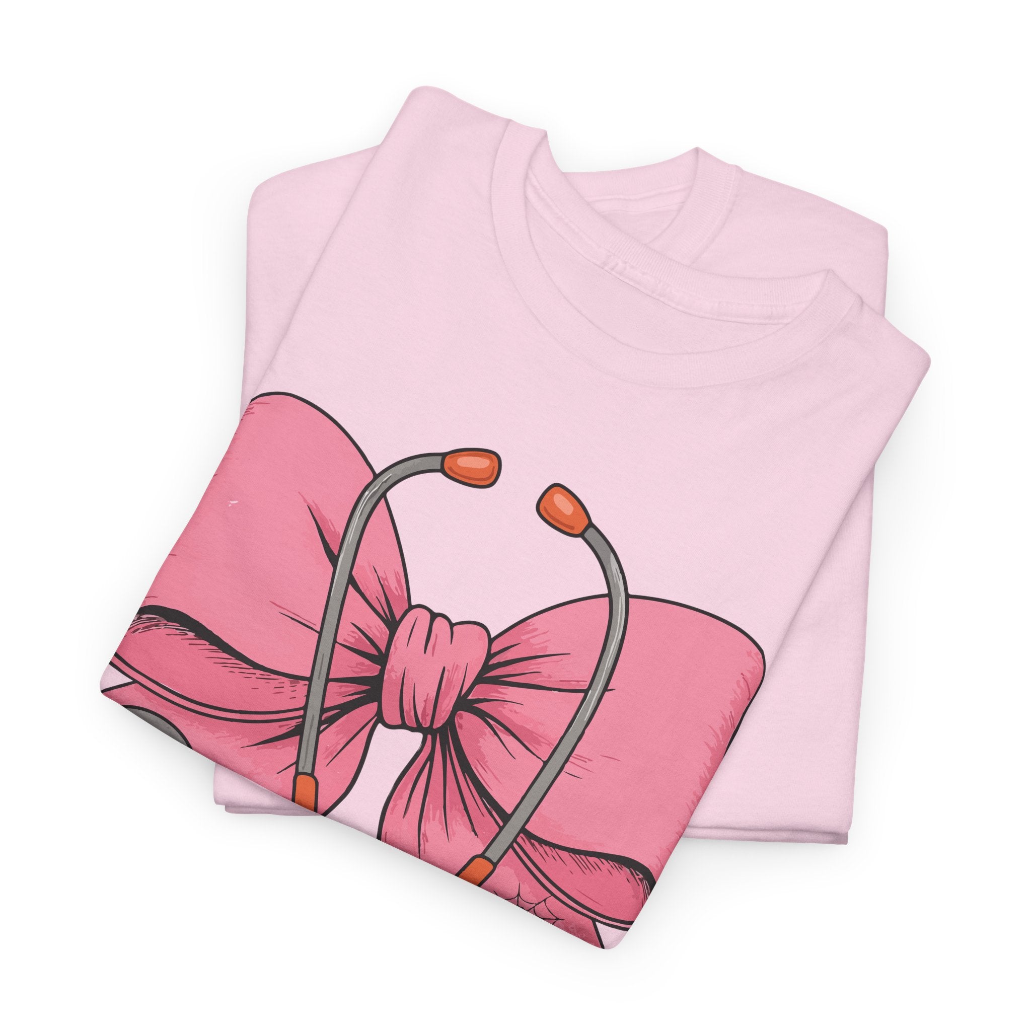 Halloween Nurse T‑Shirt — Pink Nurse Bow with Stethoscope, Syringes & Spider Webs..Unisex Cotton Tee