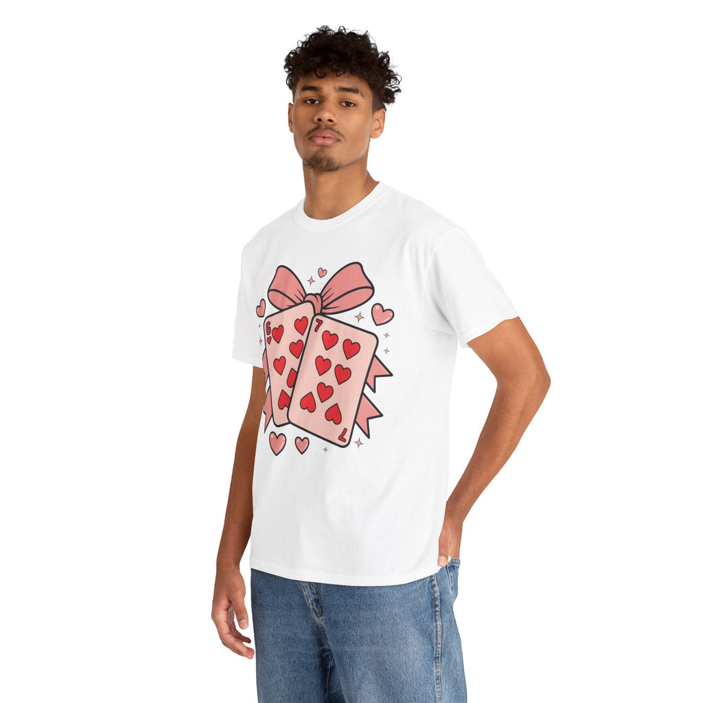 6 & 7 of Hearts T-Shirt — Paired Playing Cards with Pink Bow Unisex Cotton Tee