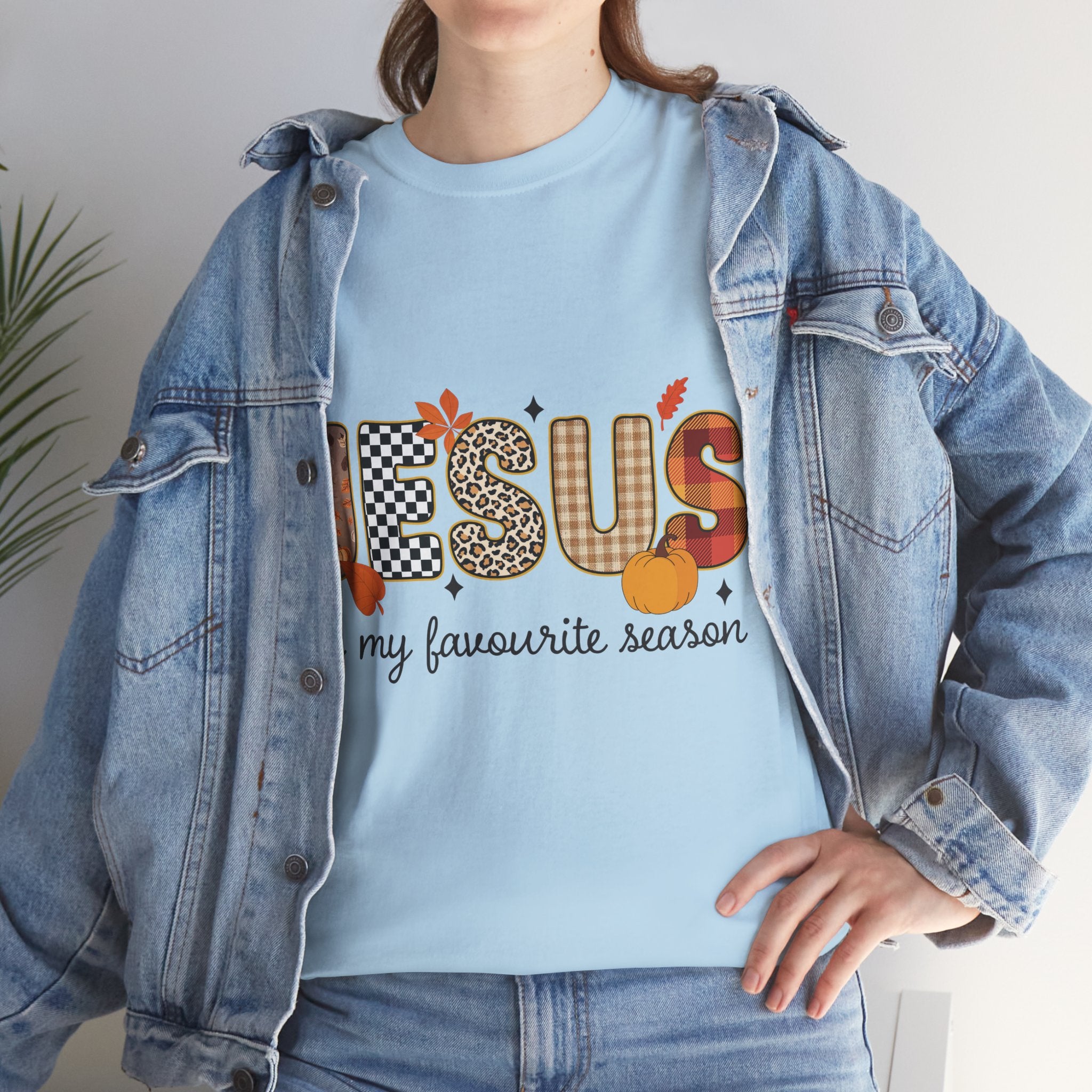 Jesus Is My Favorite Season Tee — Autumn Plaid & Leopard Lettering Unisex Cotton Tee