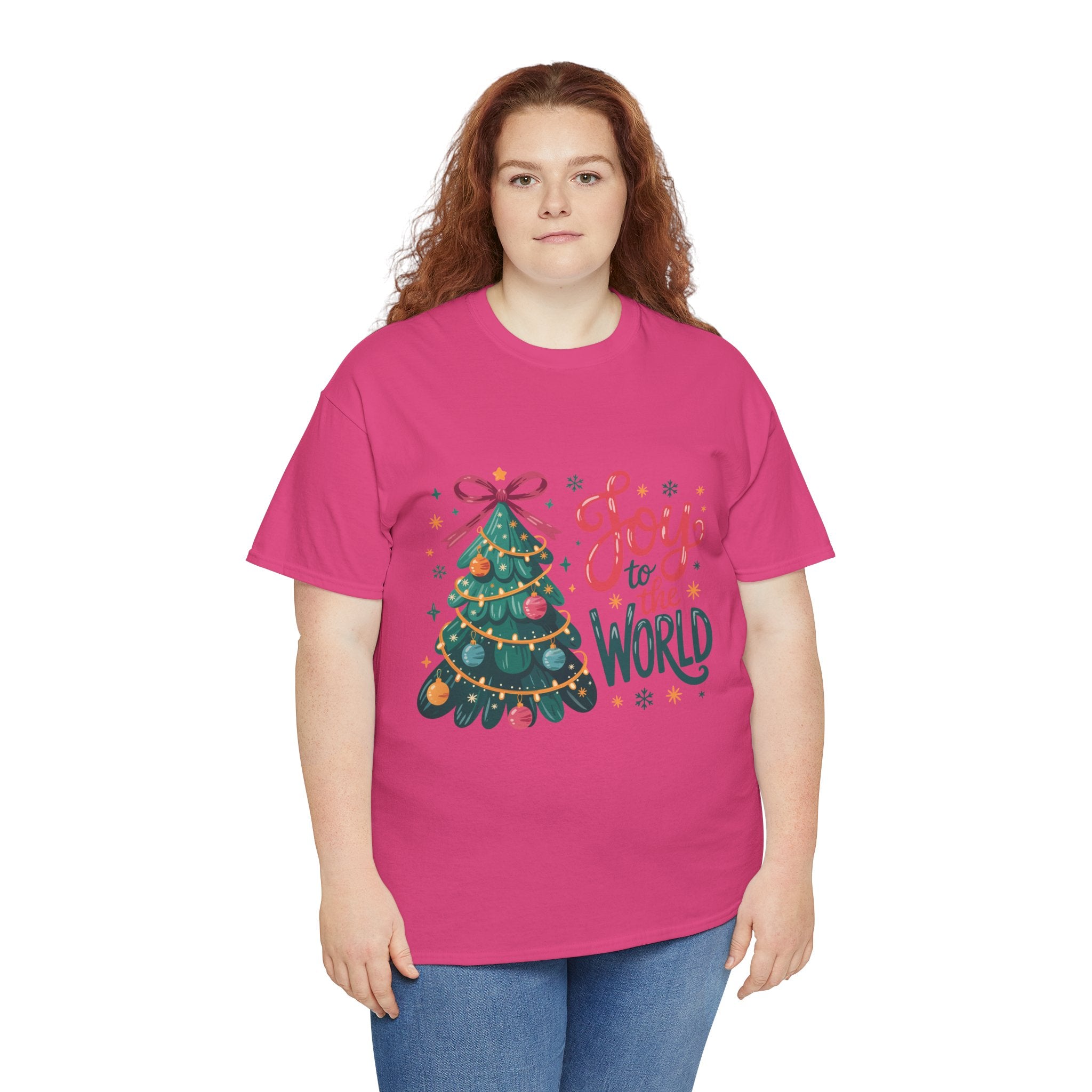 Joy to the World Christmas Tee — Festive Tree with Pink Bow..Unisex Cotton Tee