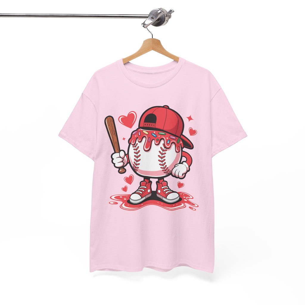 Cute Baseball Character T-Shirt — Red Cap & Icing Top Graphic with Hearts Unisex Cotton Tee