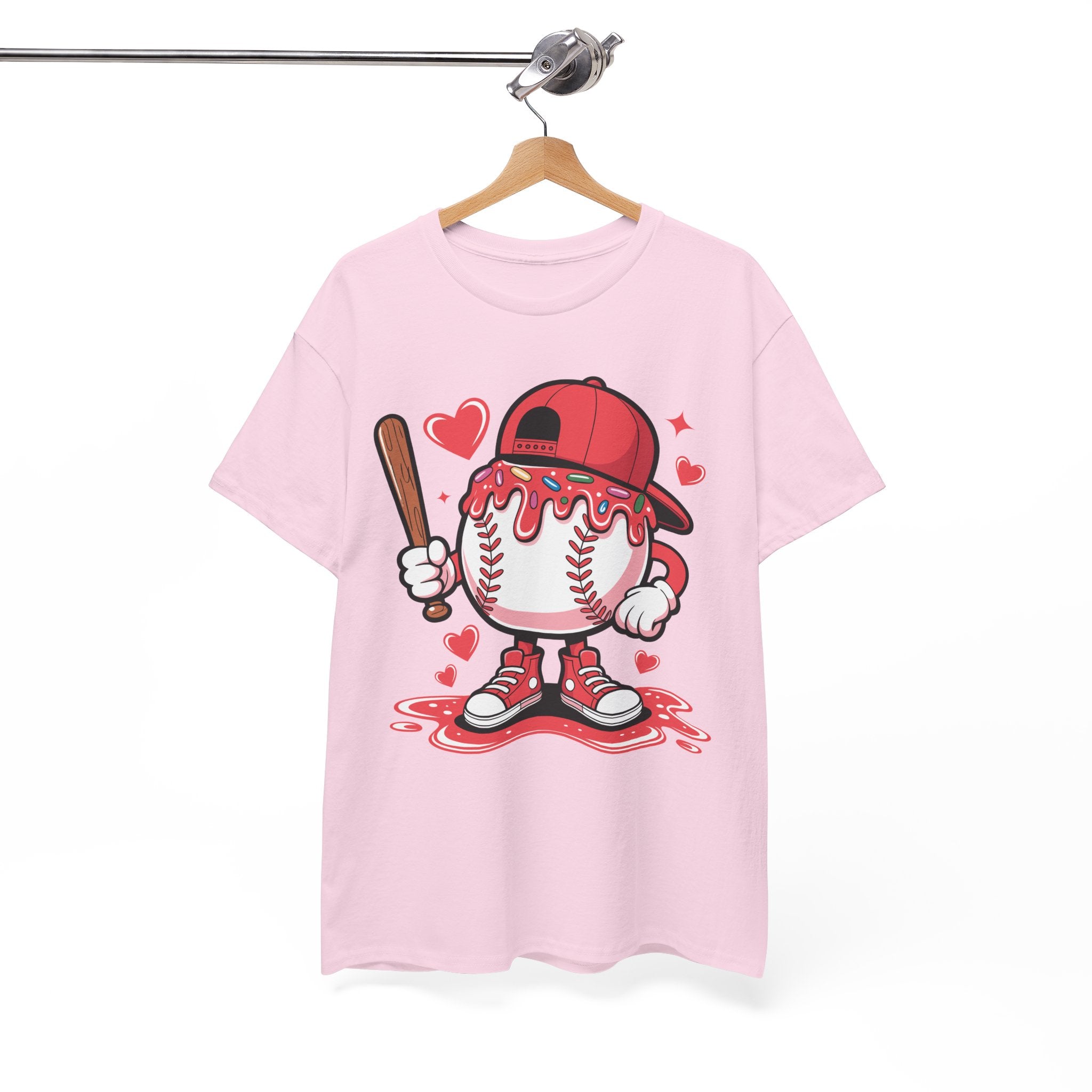 Cute Baseball Character T-Shirt — Red Cap & Icing Top Graphic with Hearts Unisex Cotton Tee