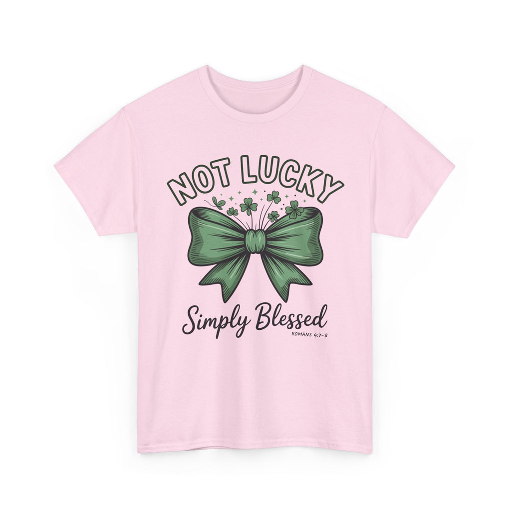 Not Lucky, Simply Blessed T-Shirt — Green Bow & Clovers St. Patrick’s Unisex Cotton Tee