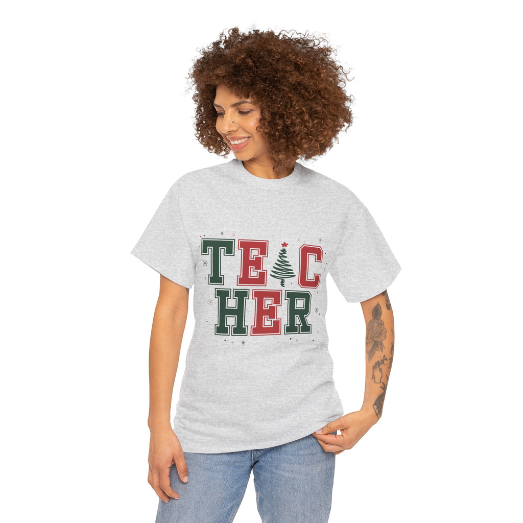 Teacher Christmas Varsity T-Shirt — Red & Green Holiday Unisex Cotton Tee