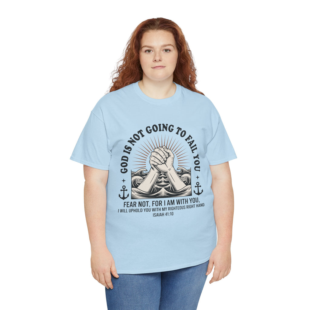 Isaiah 41:10 "Fear Not, For I Am With You" T-Shirt — Clasped Hands Rising from Waves Christian Unisex Cotton Tee