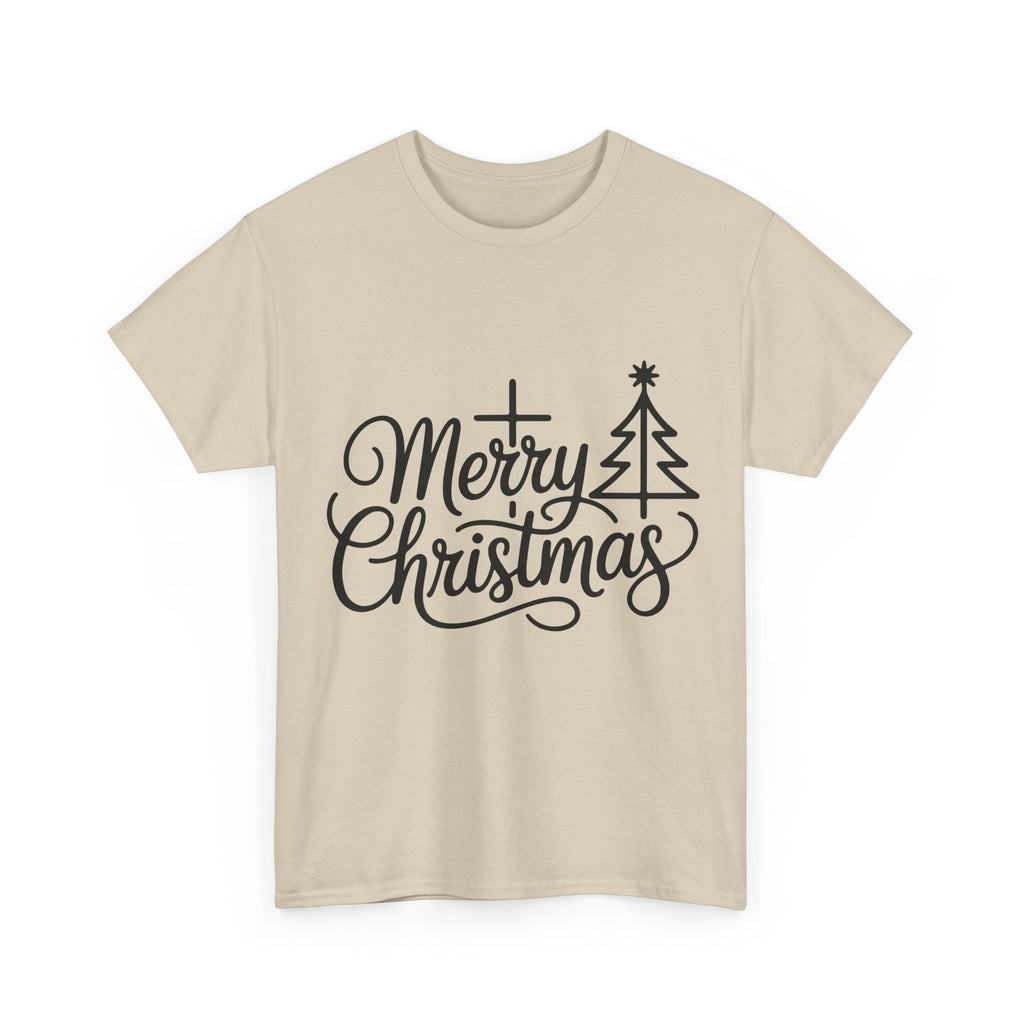 Merry Christmas Script T-Shirt with Cross & Tree(Unisex Cotton Tee)