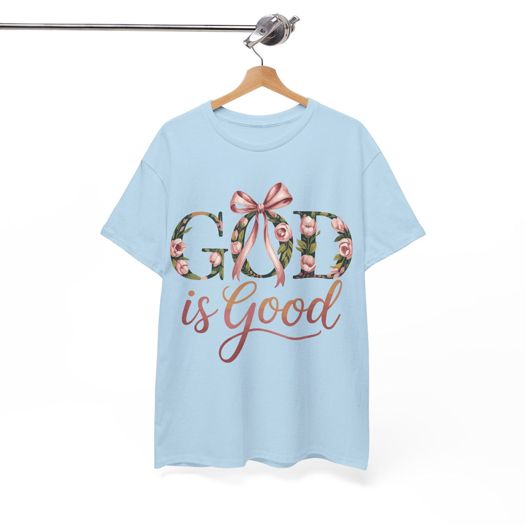 God Is Good Pink Rose Tee — Floral Ribbon Faith Unisex Cotton T-Shirt