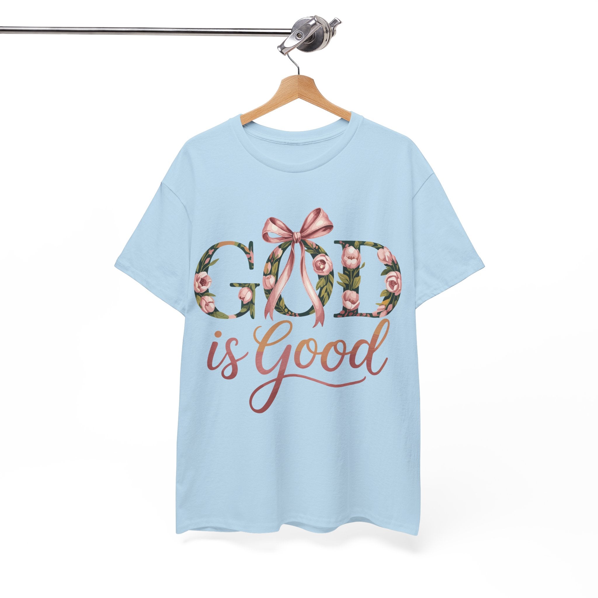 God Is Good Pink Rose Tee — Floral Ribbon Faith Unisex Cotton T-Shirt