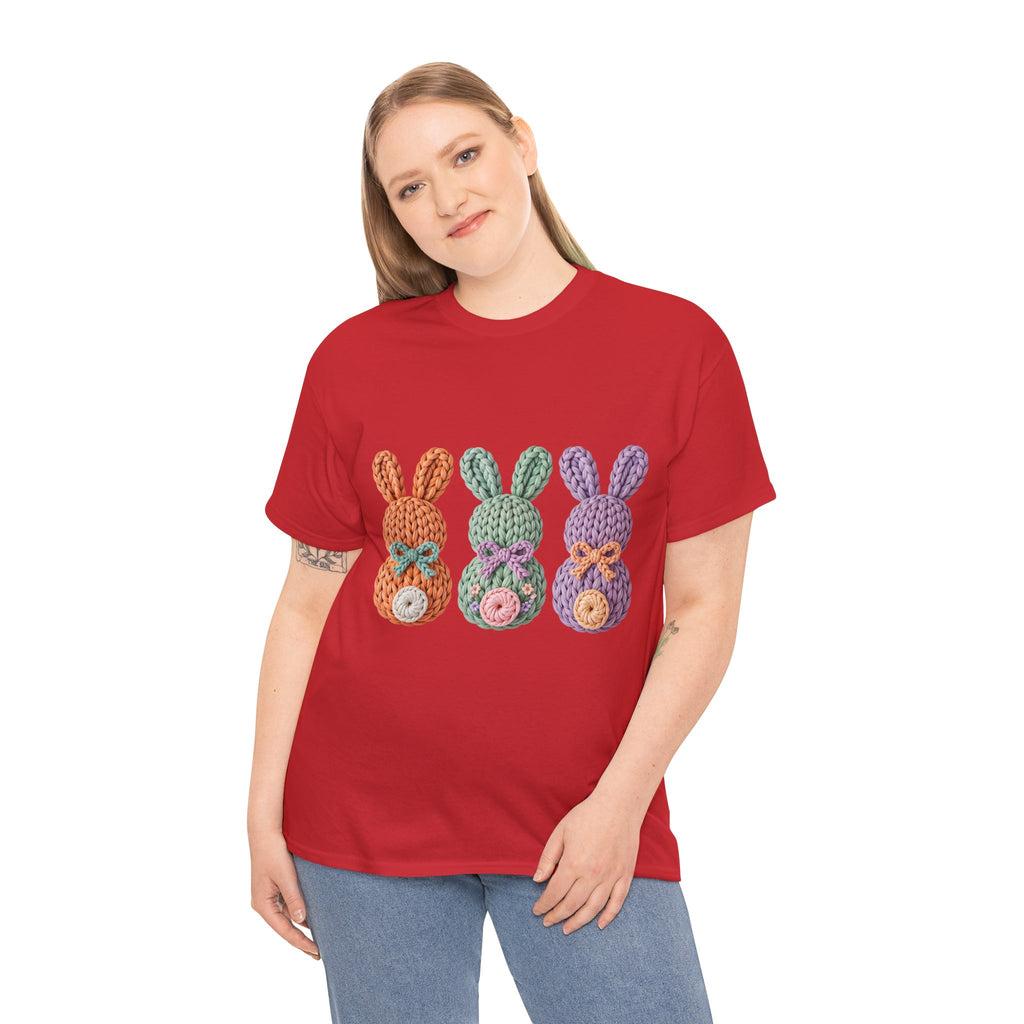 Pastel Crochet Bunny Tee — Trio of Faux Knit Bunnies with Bows & Flowers Unisex Cotton Tee