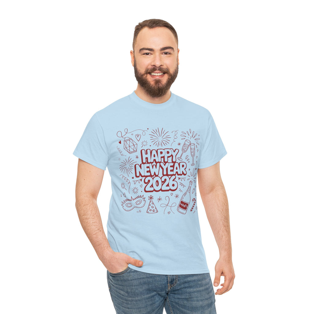 Happy New Year 2026 Doodle T-Shirt — Pink Party Icons & Champagne Unisex Cotton Tee