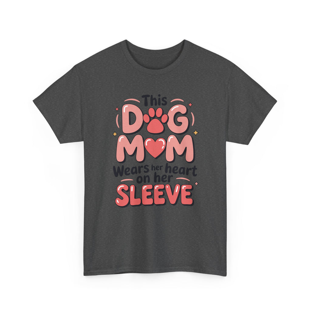 Dog Mom T-Shirt — "This Dog Mom Wears Her Heart on Her Sleeve" Paw & Heart Unisex Cotton Tee