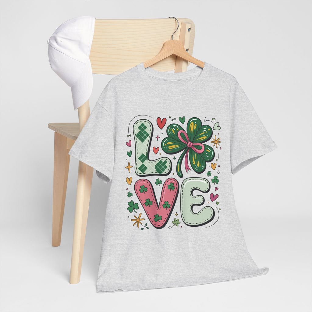 Stitched Clover 'LOVE' Tee — Heart & Patchwork St. Patrick's Unisex Cotton T-Shirt