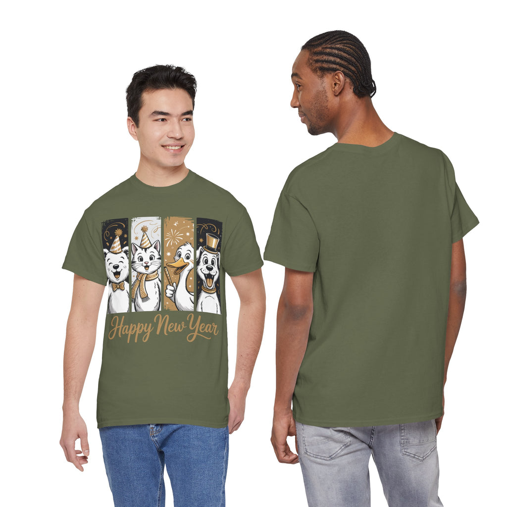 Happy New Year Party Animals T-Shirt — Cute Smiling Animals in Party Hats & Gold Fireworks..Unisex Cotton Tee