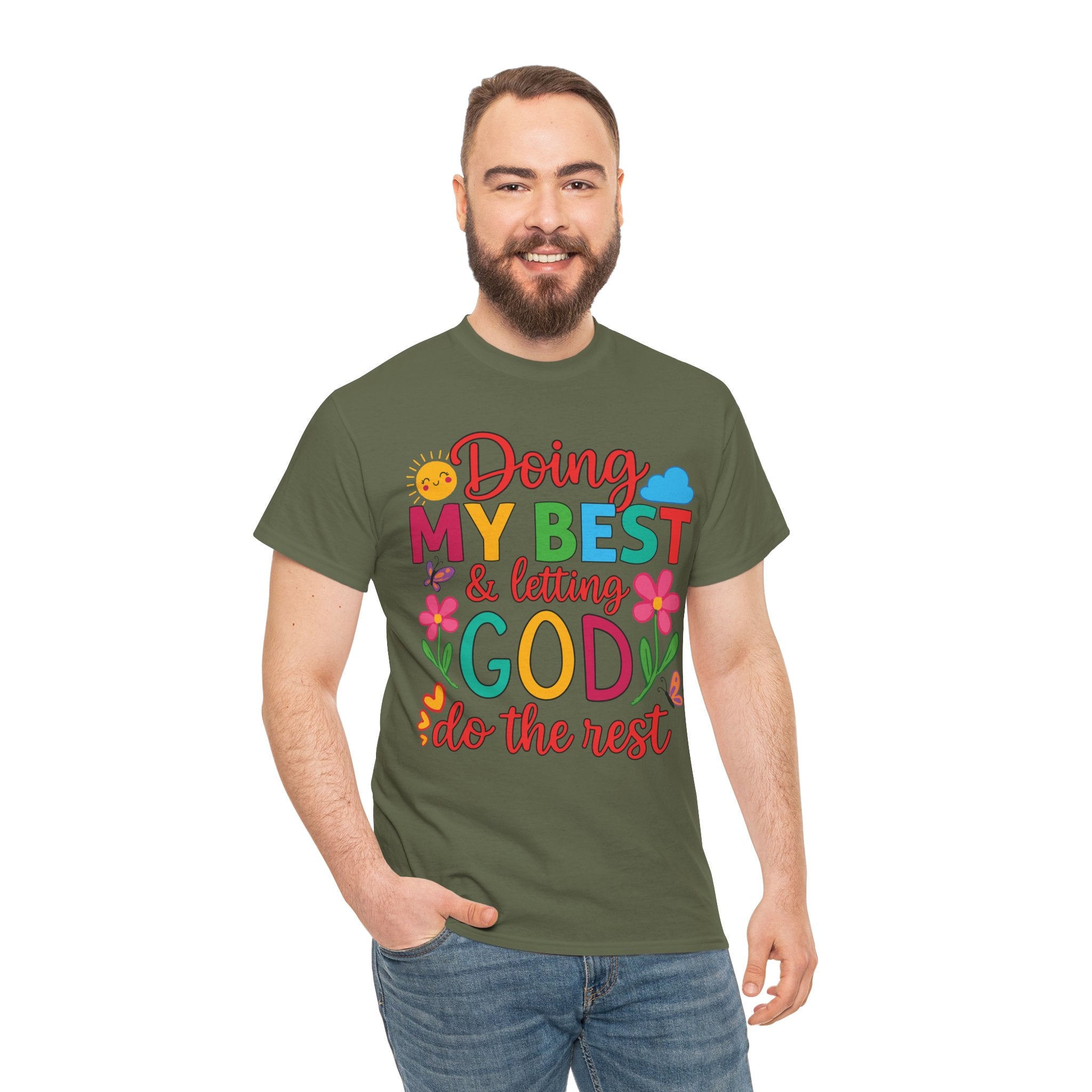 Doing My Best & Letting God Do The Rest T-Shirt — Floral Sun & Butterflies Inspirational Unisex Cotton Tee
