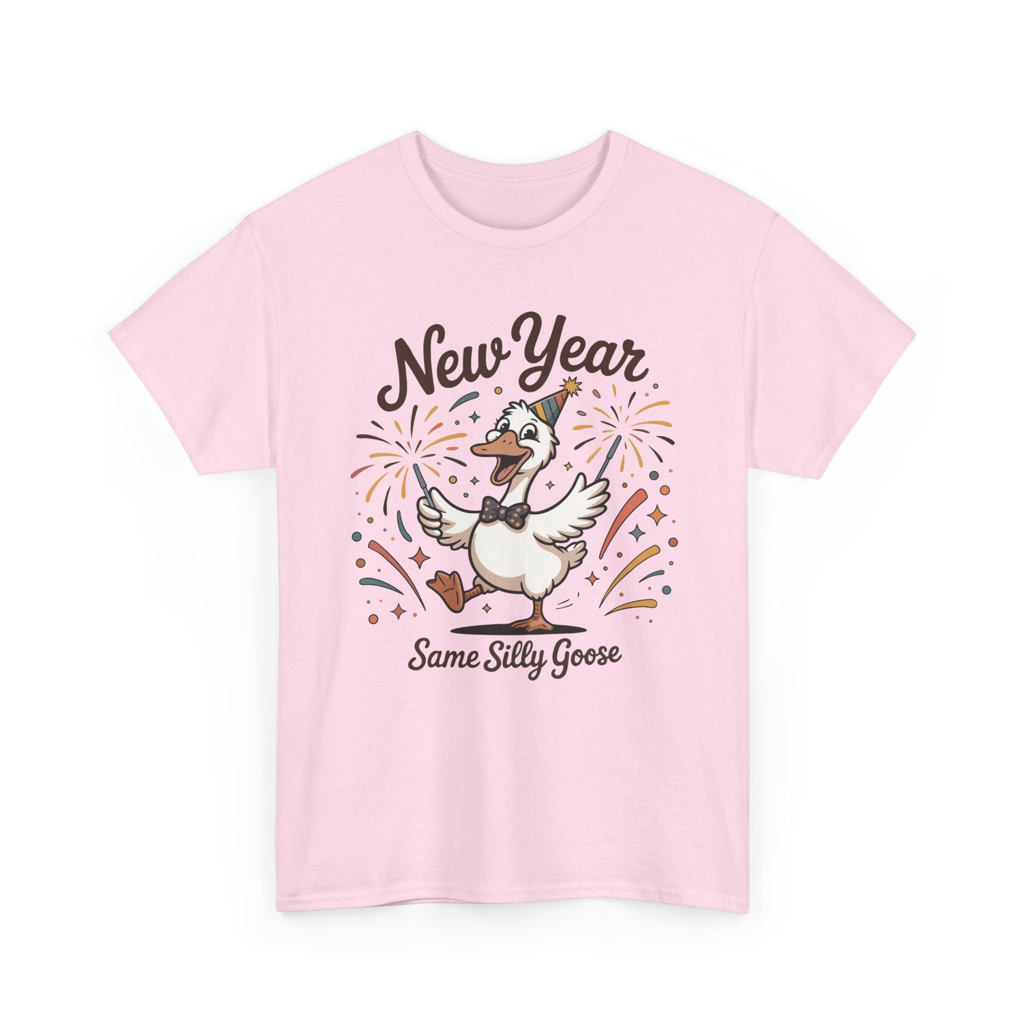 Happy Goose New Year T-Shirt — Party Hat, Fireworks & Confetti Unisex Cotton Tee