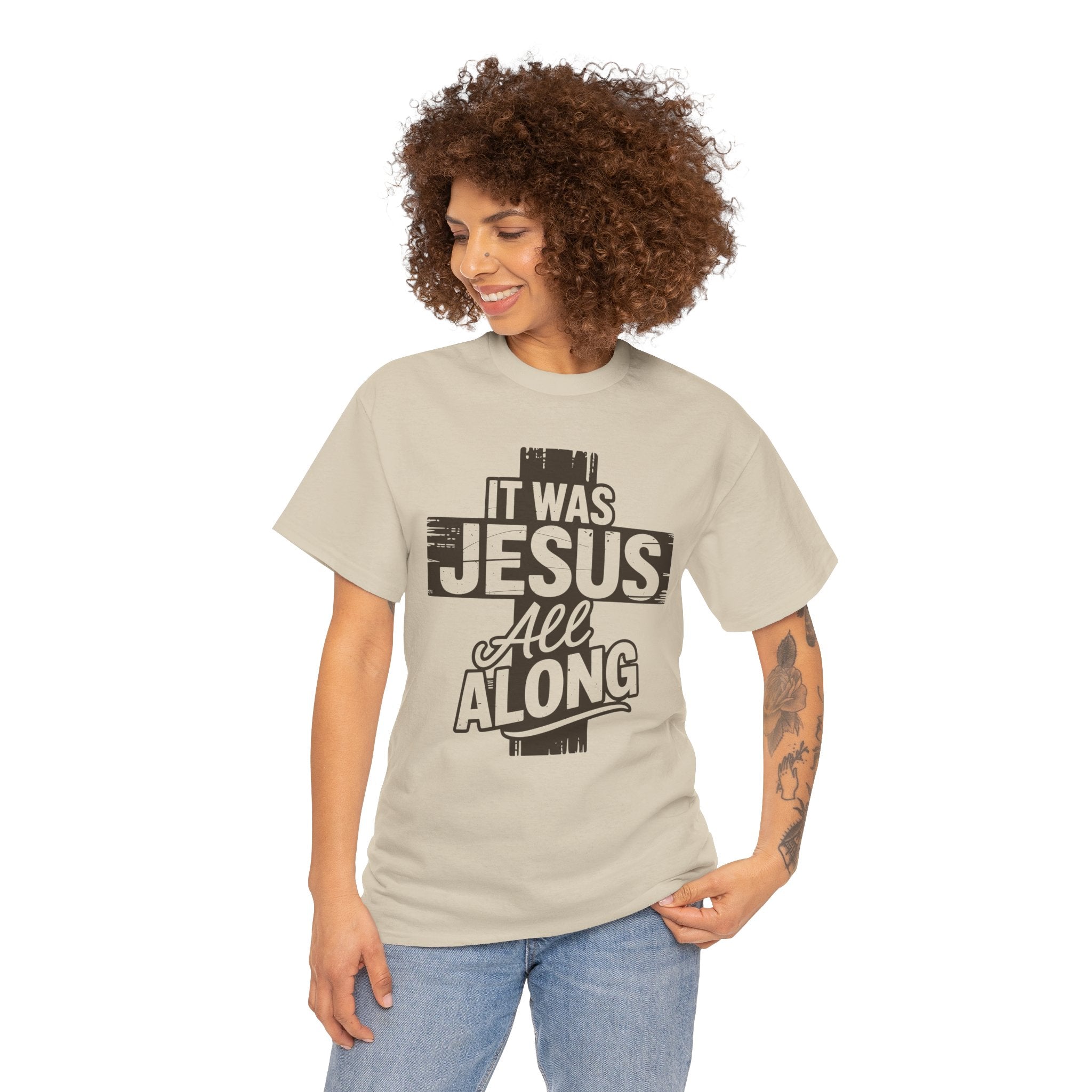 It Was Jesus All Along T-Shirt — Rustic Brown Cross Christian Unisex Cotton Tee