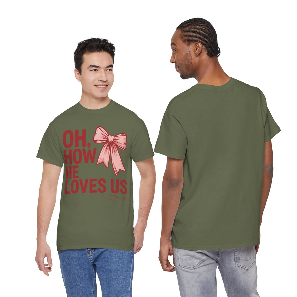 Oh, How He Loves Us Christian Valentine Tee — 1 John 4:10 Red & Pink Unisex Cotton Tee