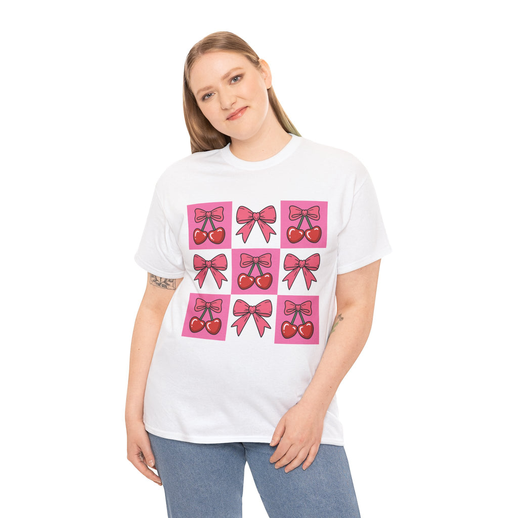 Cherry & Pink Bow Checkered Unisex Cotton Tee