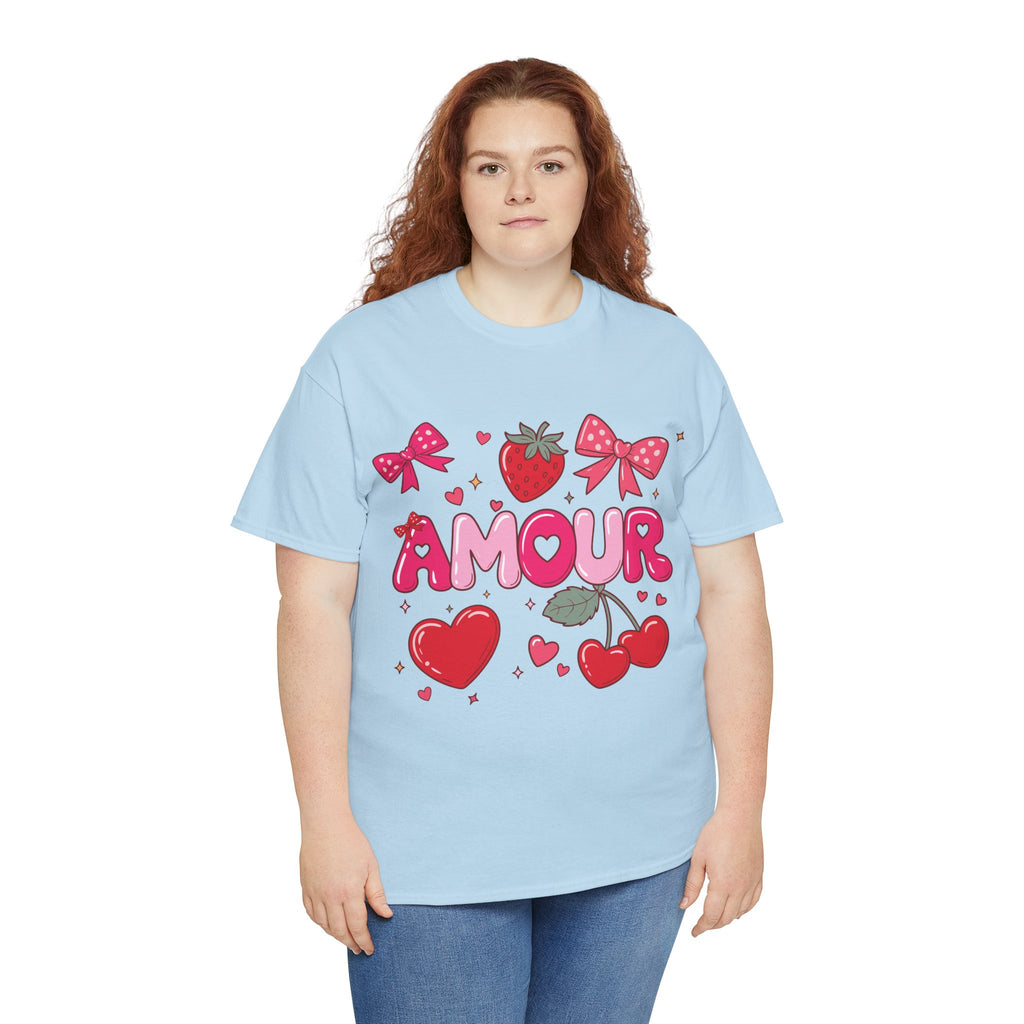 Amour Pink Hearts Tee — Shiny Lettering with Bows, Cherries & Strawberry Accent...Unisex Cotton Tee