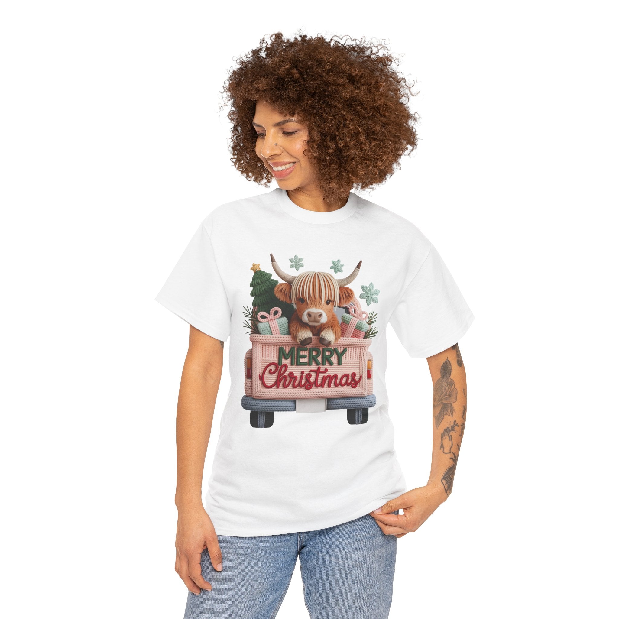 Merry Christmas Highland Cow Knit Truck Unisex Cotton T-Shirt