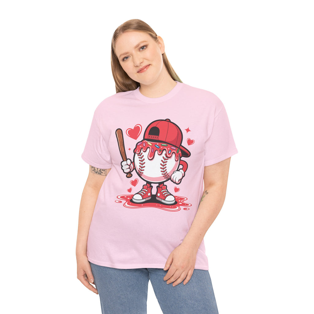 Cute Baseball Character T-Shirt — Red Cap & Icing Top Graphic with Hearts Unisex Cotton Tee