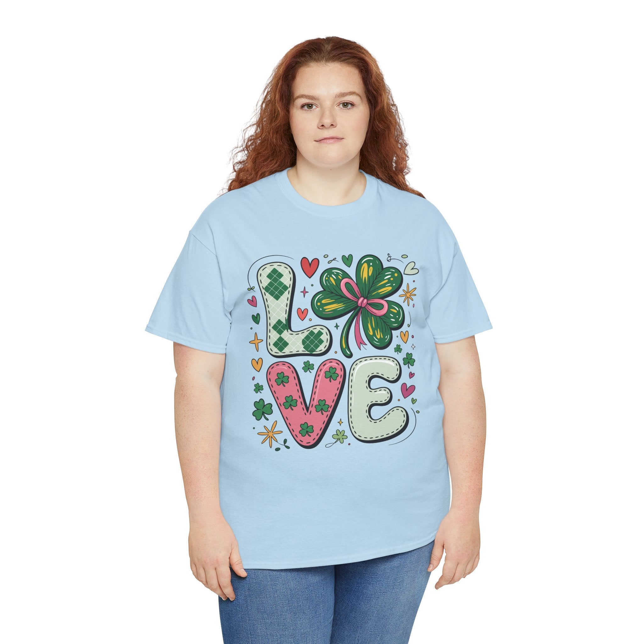 Stitched Clover 'LOVE' Tee — Heart & Patchwork St. Patrick's Unisex Cotton T-Shirt