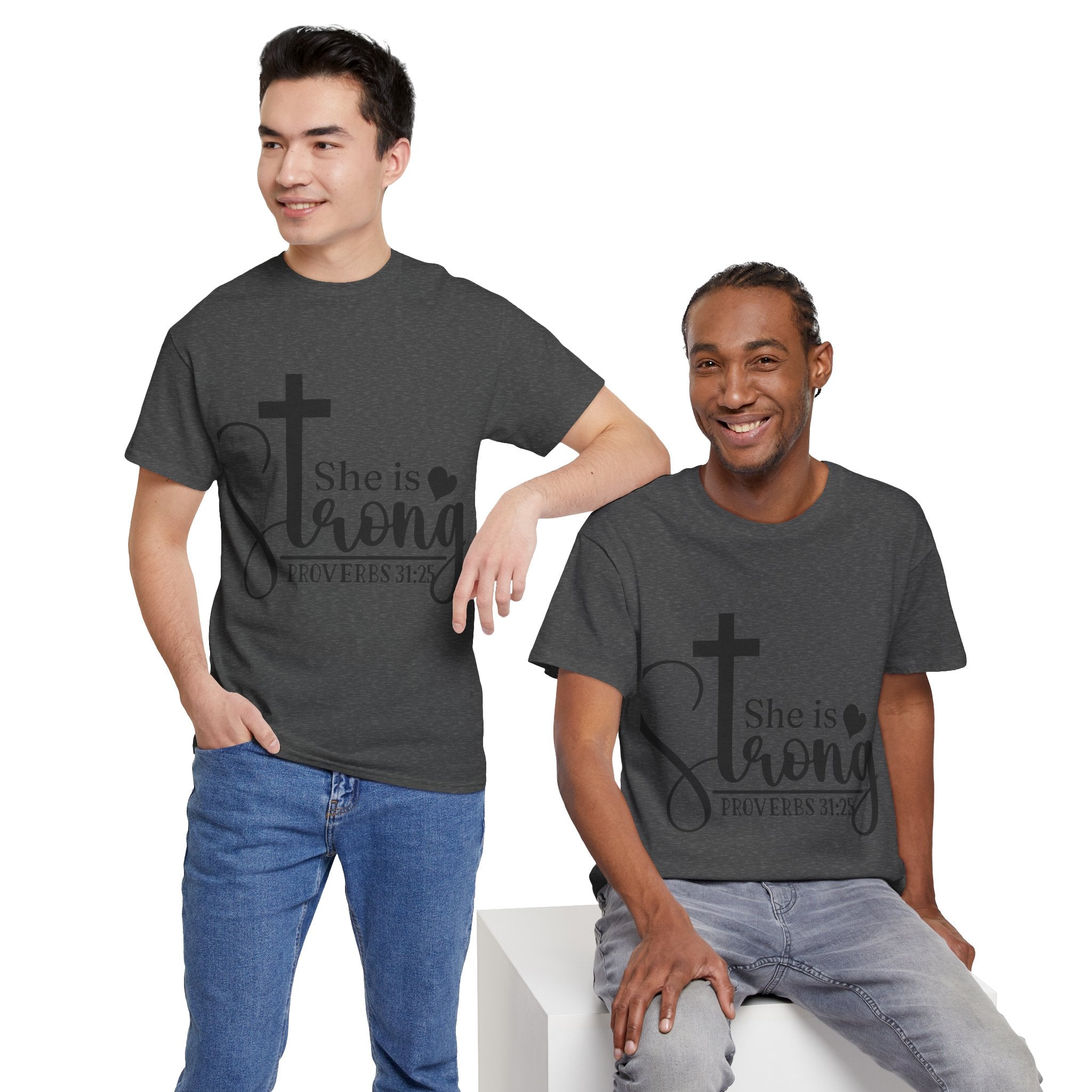 Proverbs 31:25 'She is Strong' T-Shirt – Christian Cross & Heart Unisex Cotton Tee