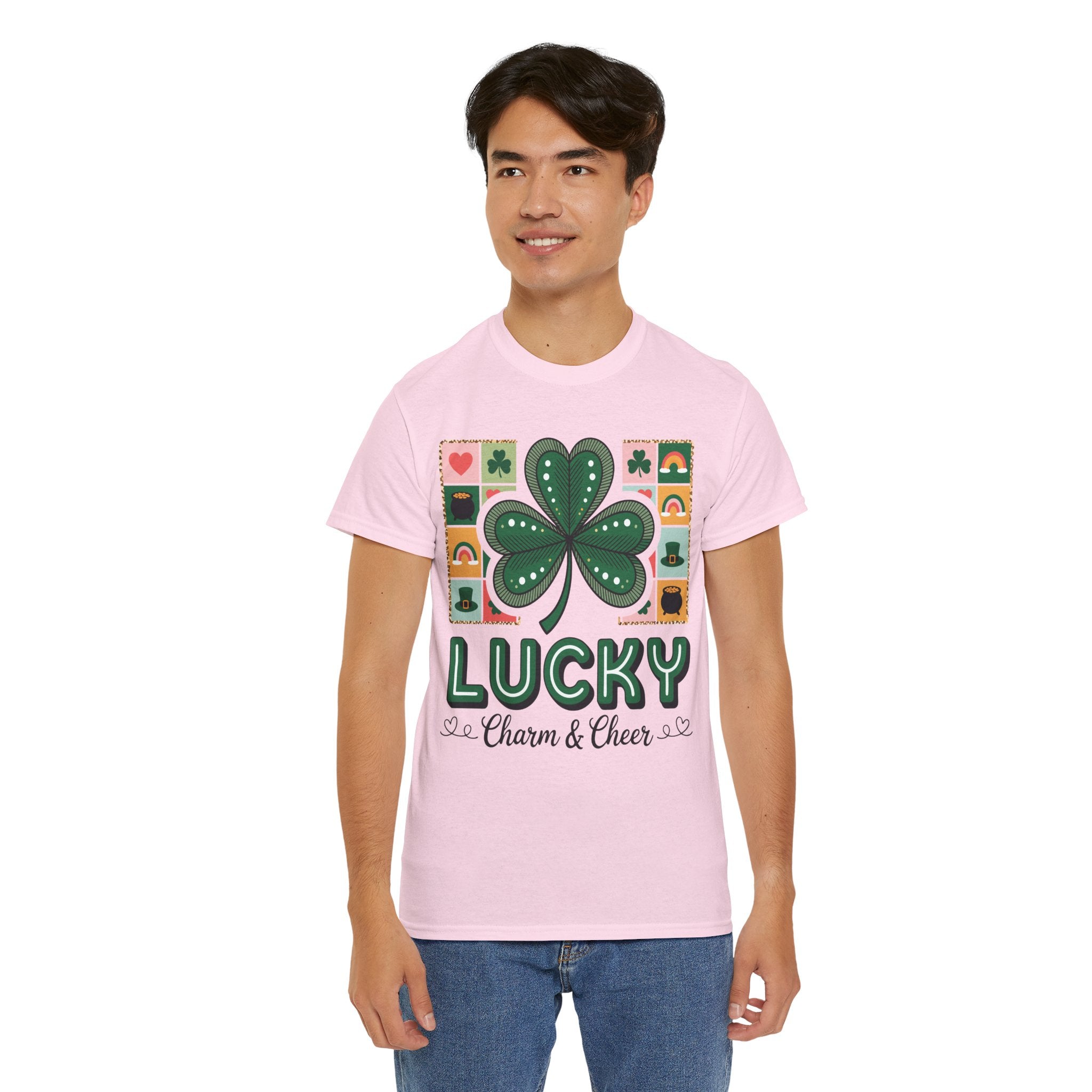 Lucky Charm & Cheer Clover Tee — Patchwork St. Patrick’s Day Unisex Cotton T-Shirt