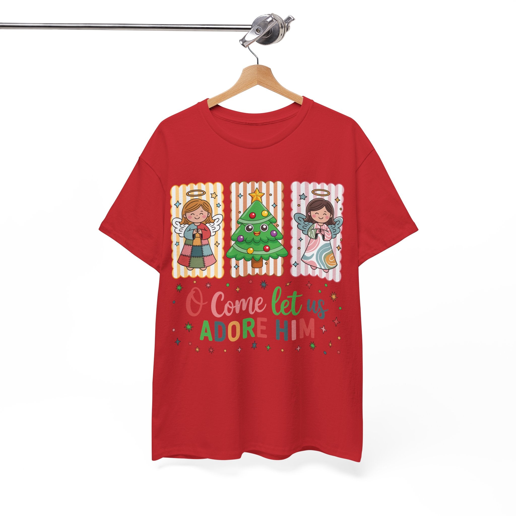 O Come Let Us Adore Him Christmas Tee — Smiling Angels & Happy Tree..Unisex Cotton Tee