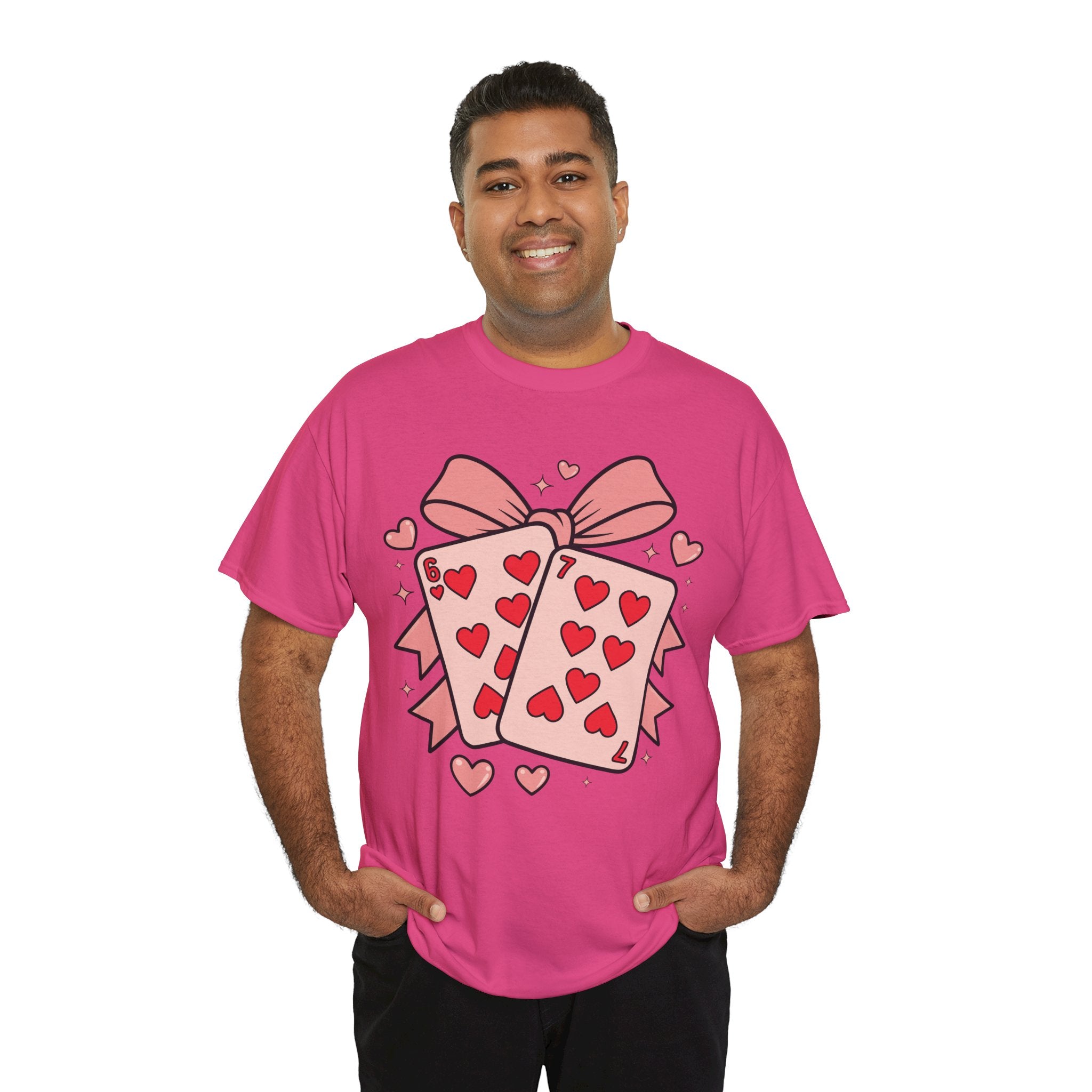 6 & 7 of Hearts T-Shirt — Paired Playing Cards with Pink Bow Unisex Cotton Tee